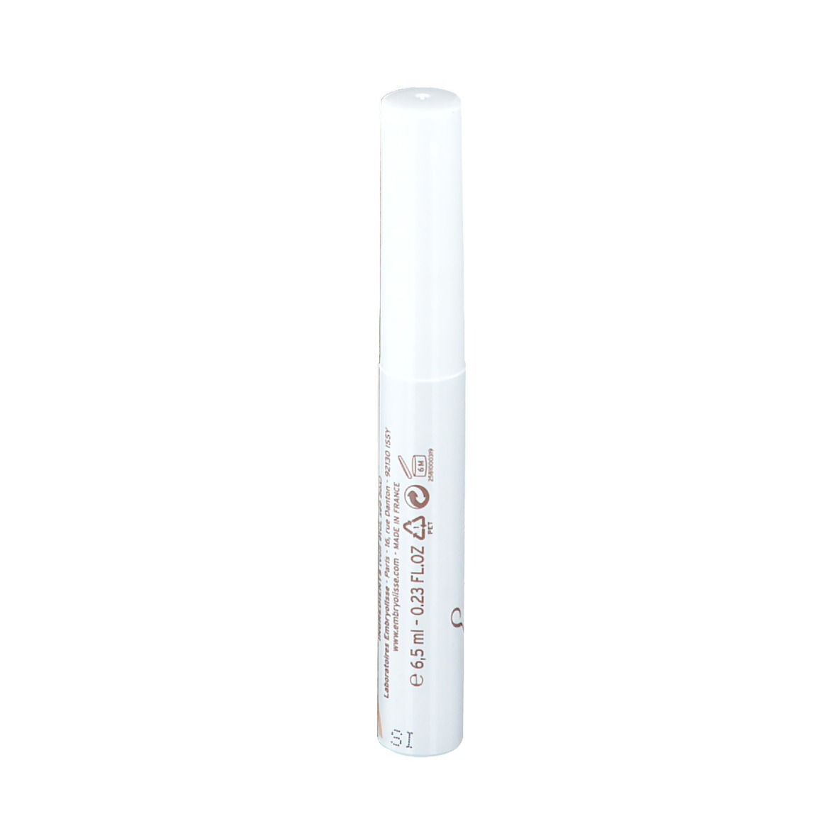 Contenant blanc avec texte. Volume: 6,5 ml - 0,23 FL.OZ. Fabriqué en France.