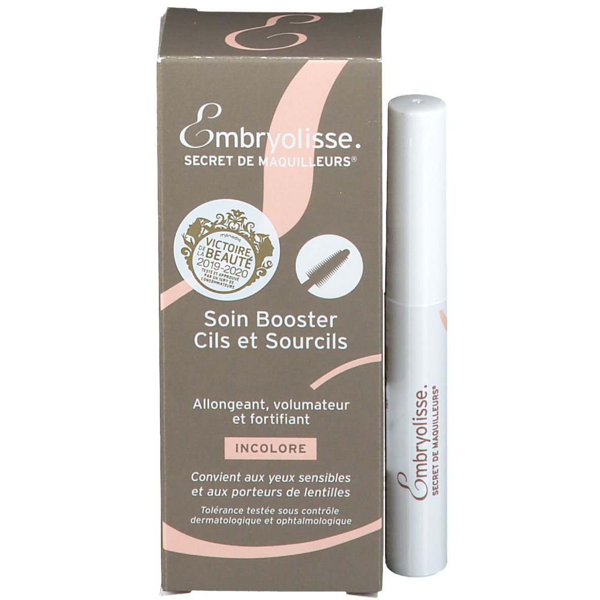 Emballage du produit avec produit et récompenses. Texte: Soin Booster Cils et Sourcils. Allongeant, volumateur et fortifiant.