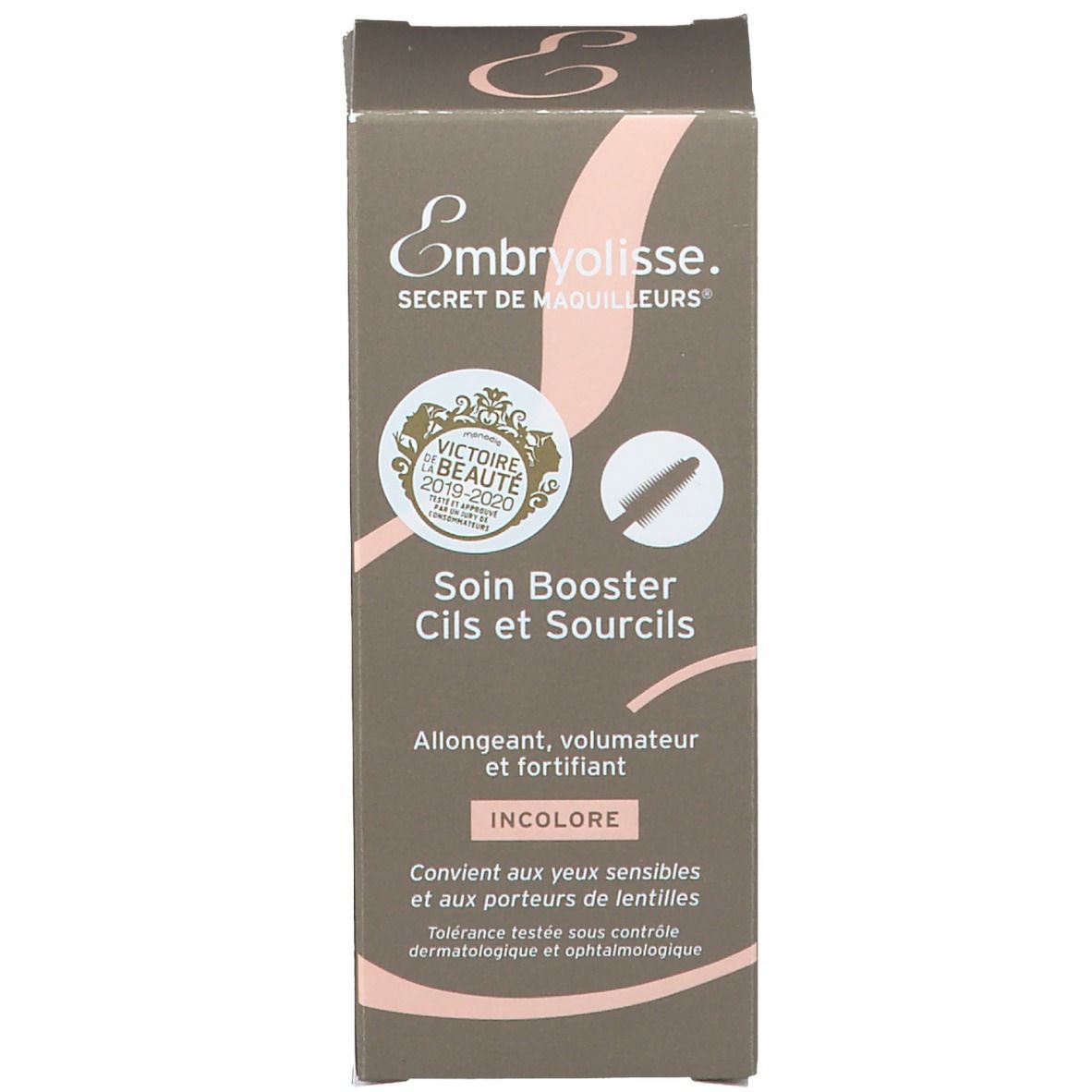 Emballage du produit avec récompenses. Texte: Soin Booster Cils et Sourcils. Allongeant, volumateur et fortifiant. Incolore.