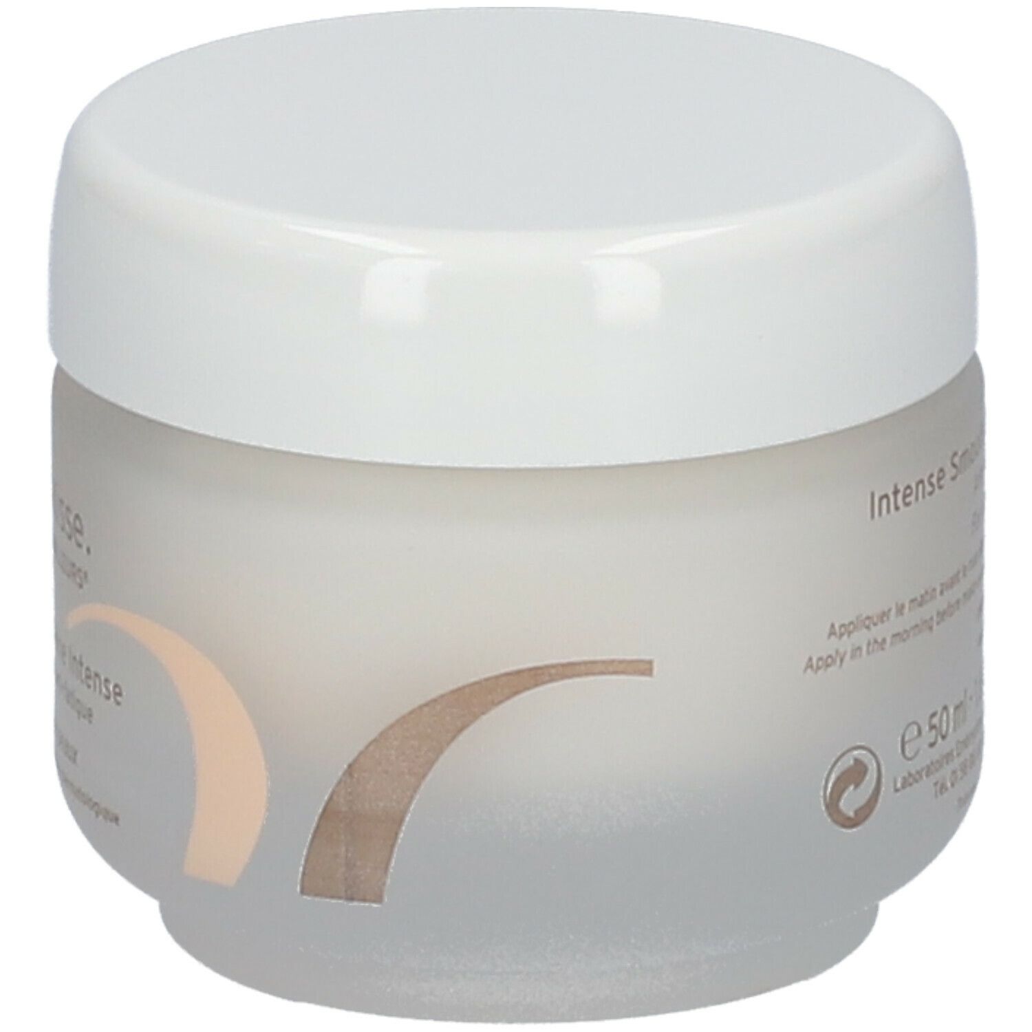 Pot de crème avec couvercle blanc. Inscription: Intense Serum. 50 ml. Testé dermatologiquement.