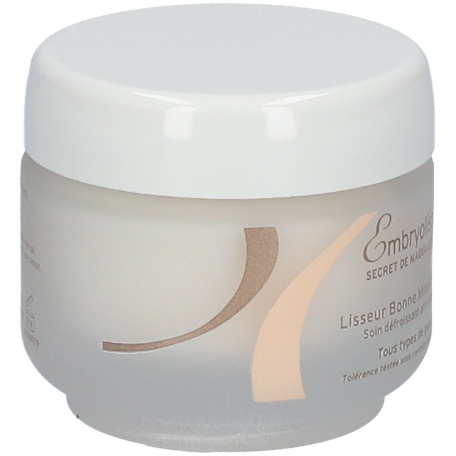 Pot de crème avec couvercle blanc. Inscription: Embryolisse Secret de Maquilleurs. Lisseur Bonne Mine. Pour tous types de peaux.