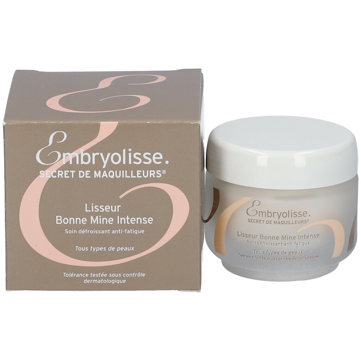 Emballage du produit avec pot de crème et boîte. Inscription: Embryolisse Secret de Maquilleurs. Lisseur Bonne Mine Intense.