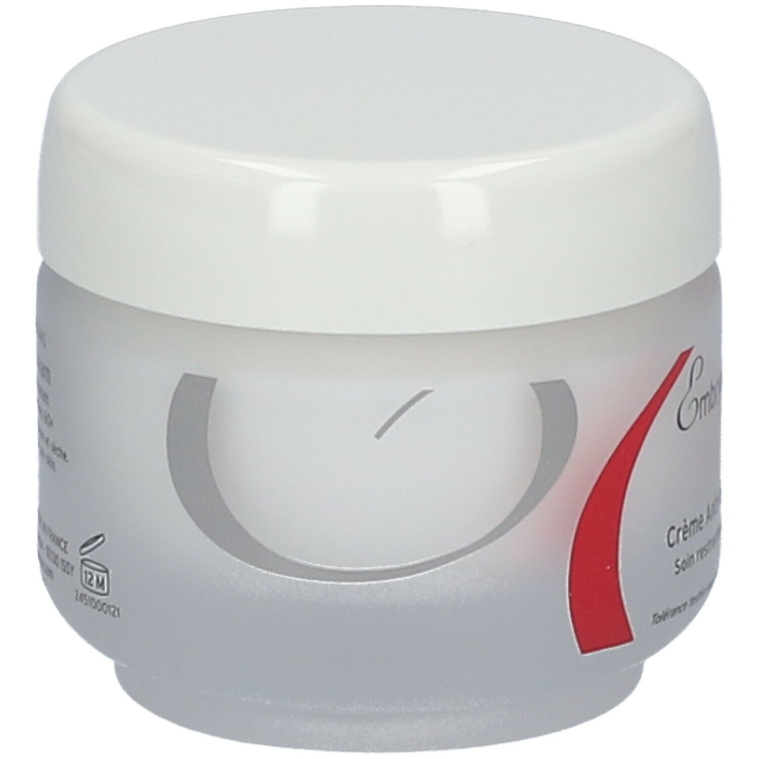 Pot de crème avec couvercle blanc. Inscription: Embryolisse, Crème riche. Symbole 12M.