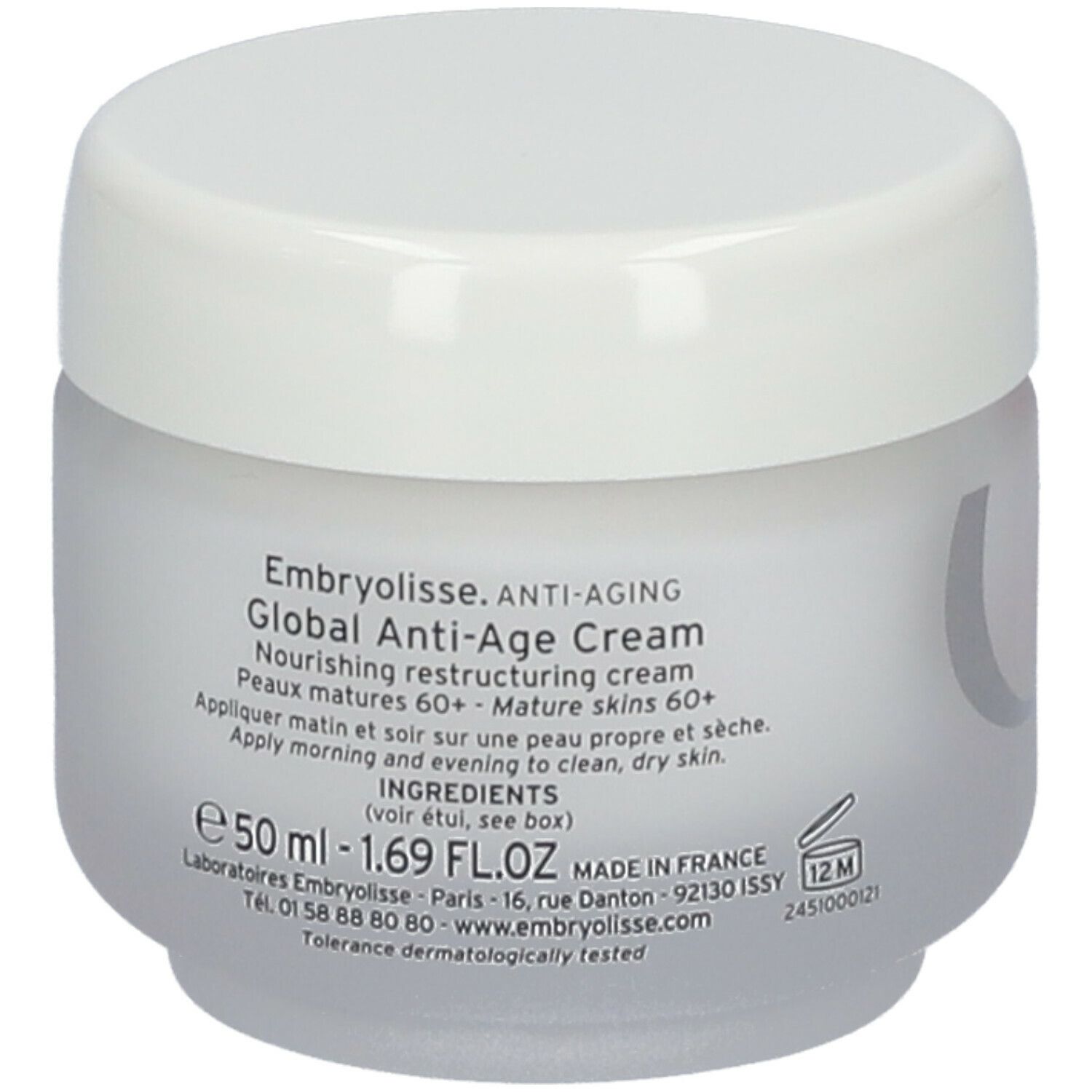 Pot de crème avec couvercle blanc. Inscription: Embryolisse, Global Anti-Age Cream. 50 ml. Symbole 12M.
