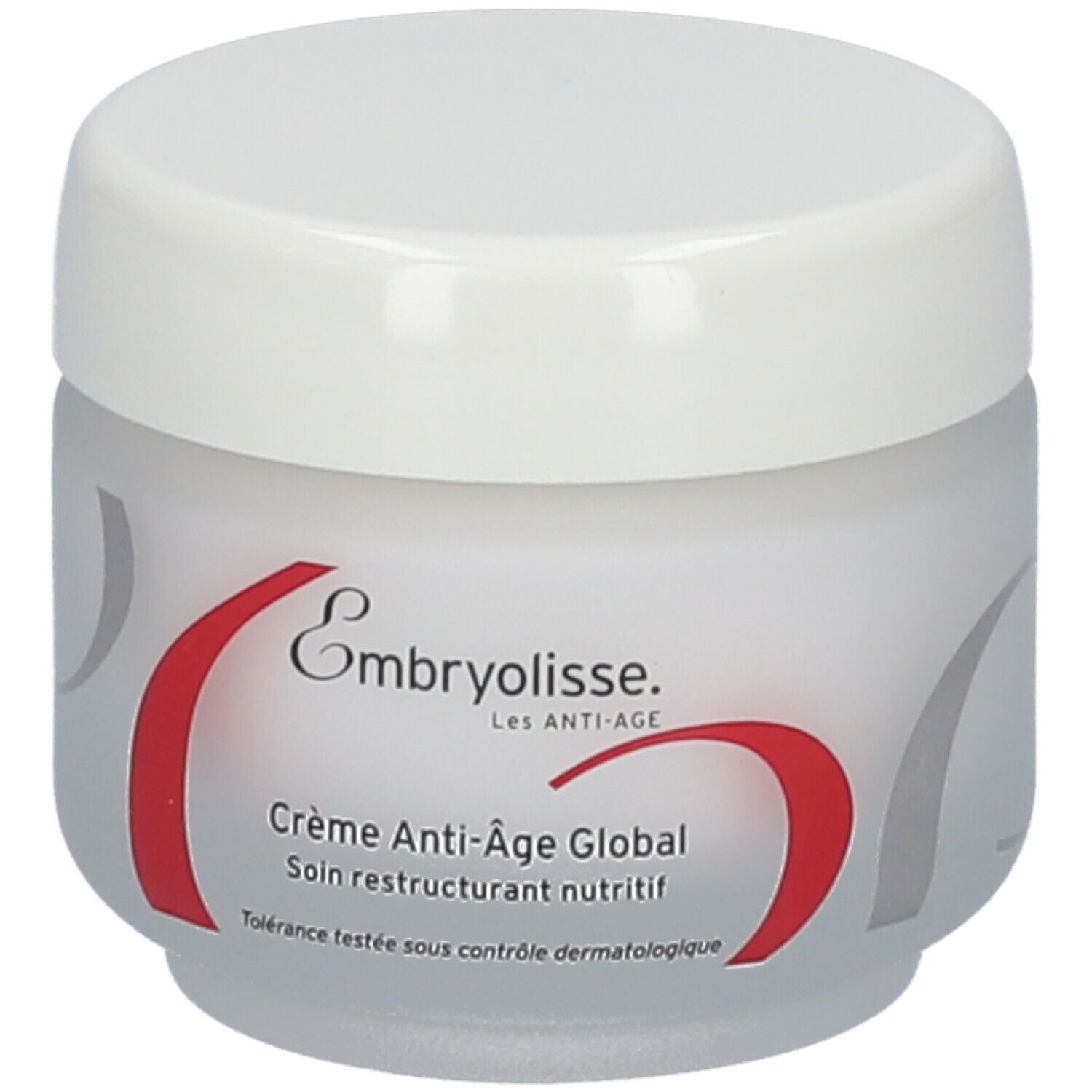 Pot de crème avec couvercle blanc. Inscription: Embryolisse, Crème Anti-Âge Global. Testé dermatologiquement.