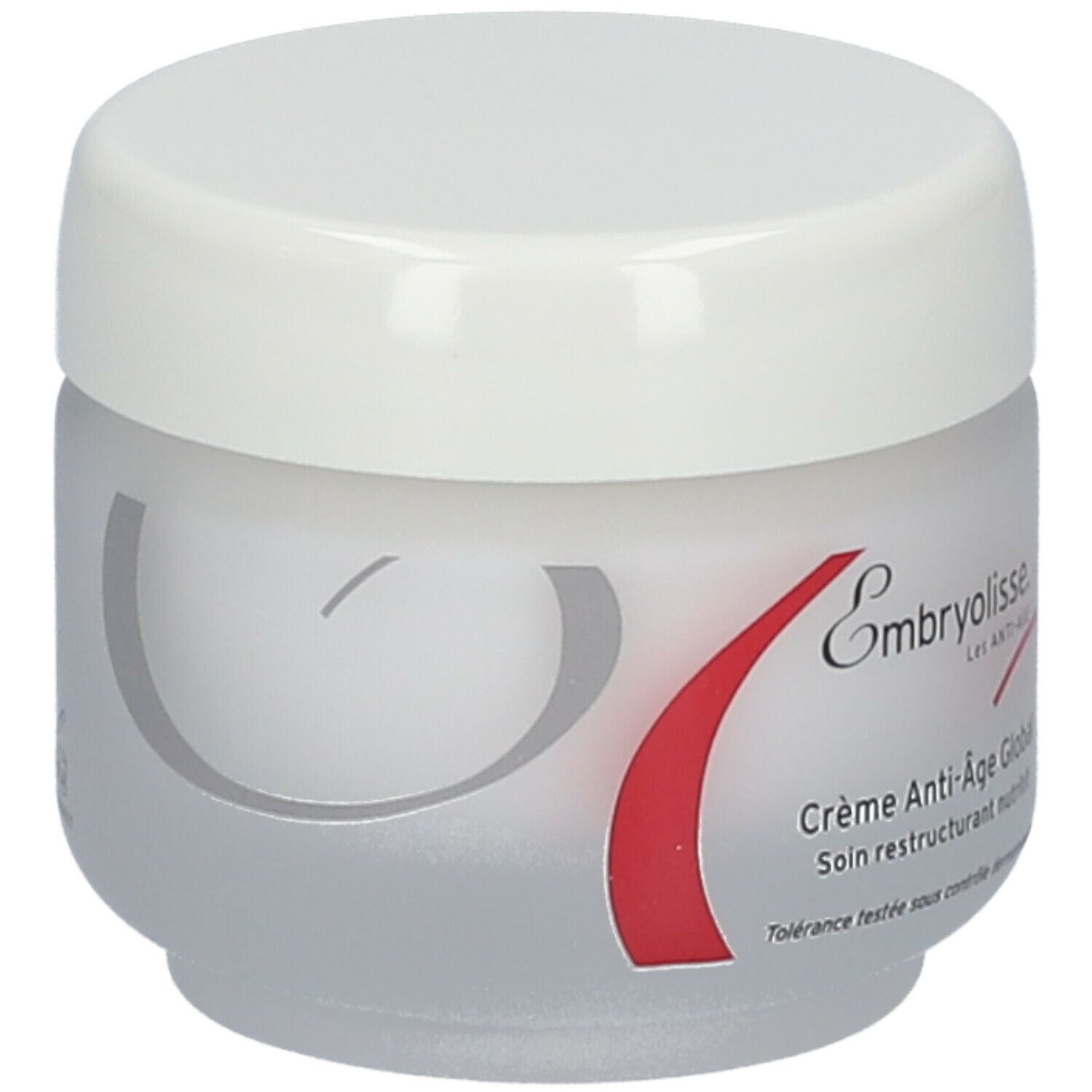 Pot de crème avec couvercle blanc. Inscription: Embryolisse, Crème Anti-Âge Global. Testé dermatologiquement.