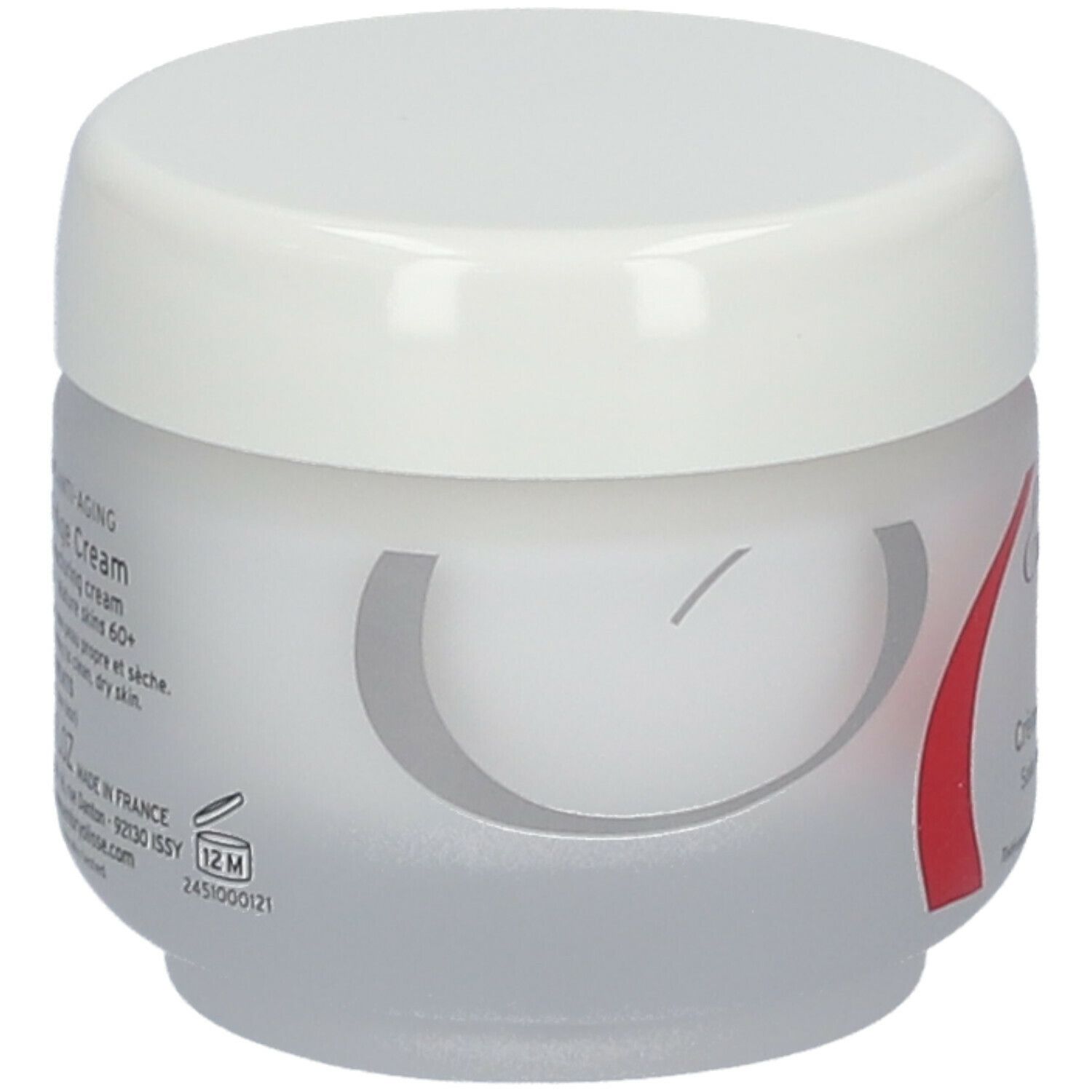Pot de crème avec couvercle blanc. Inscription: Embryolisse, Crème Anti-Âge Global. Testé dermatologiquement.