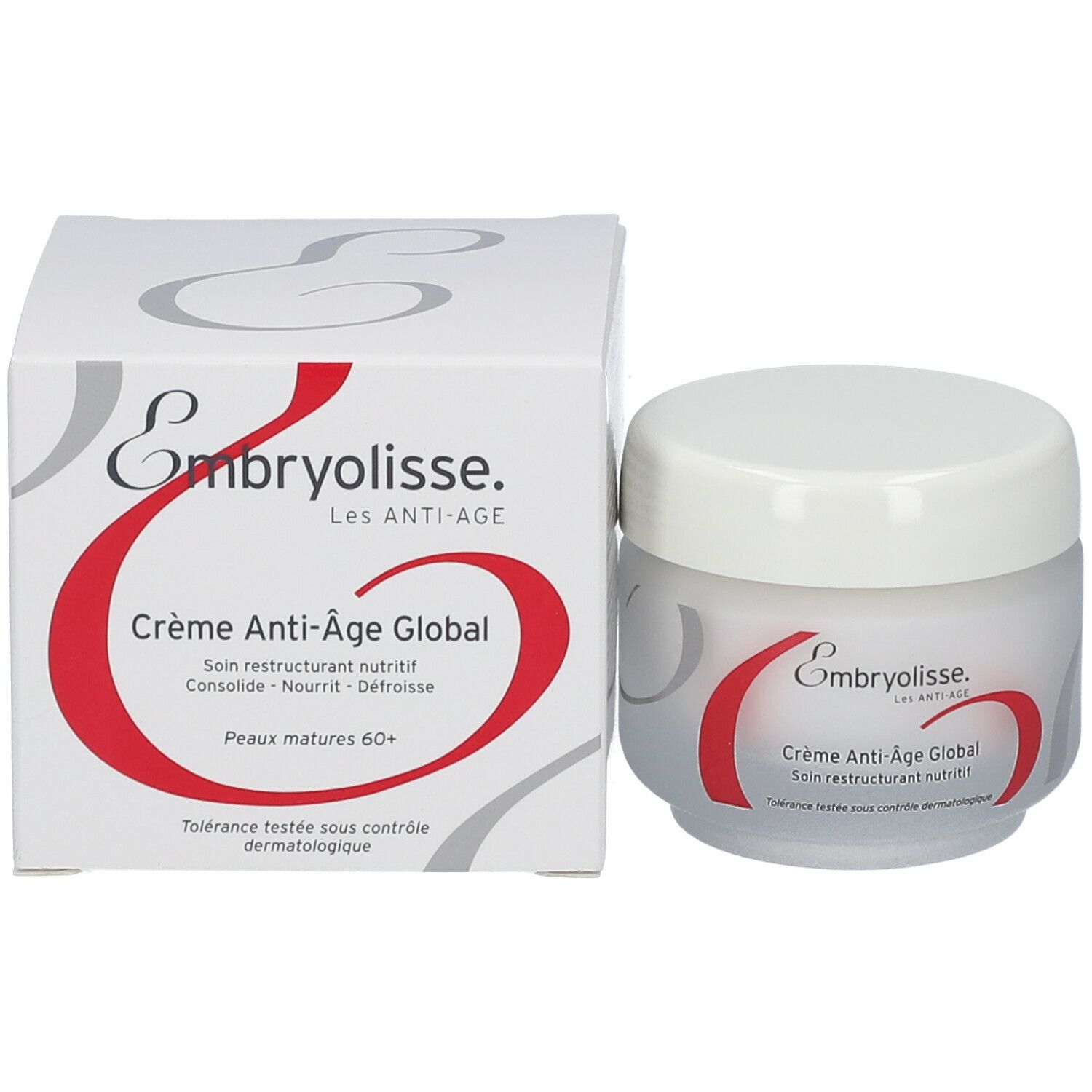Pot de crème et boîte. Inscription: Embryolisse, Crème Anti-Âge Global. Testé dermatologiquement.