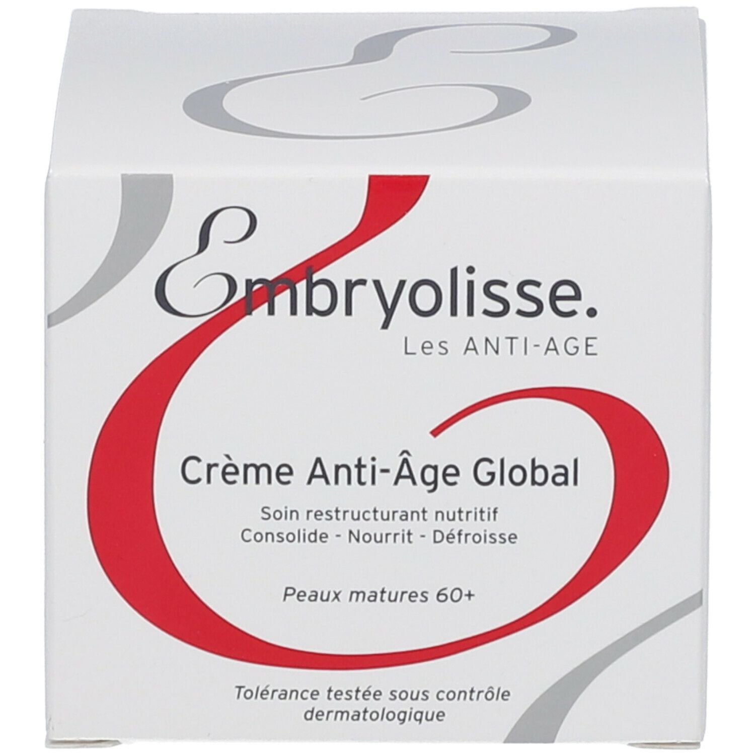 Boîte blanche. Inscription: Embryolisse, Crème Anti-Âge Global. Testé dermatologiquement.