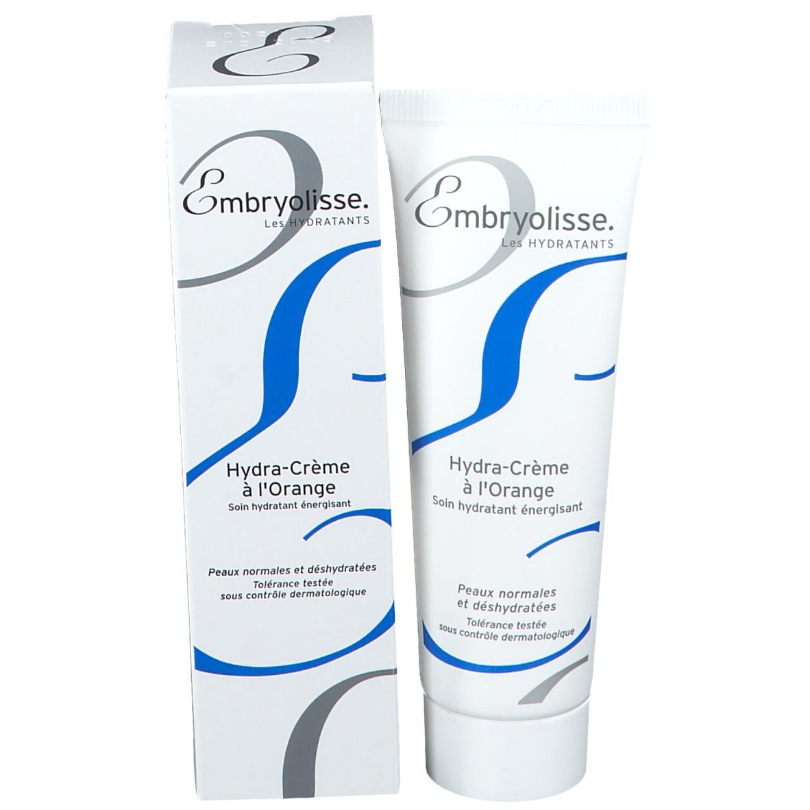 Produktverpackung mit Tube. Enthält Hydra-Crème à l'Orange. Text: Peaux normales et déshydratées. Dermatologisch getestet.