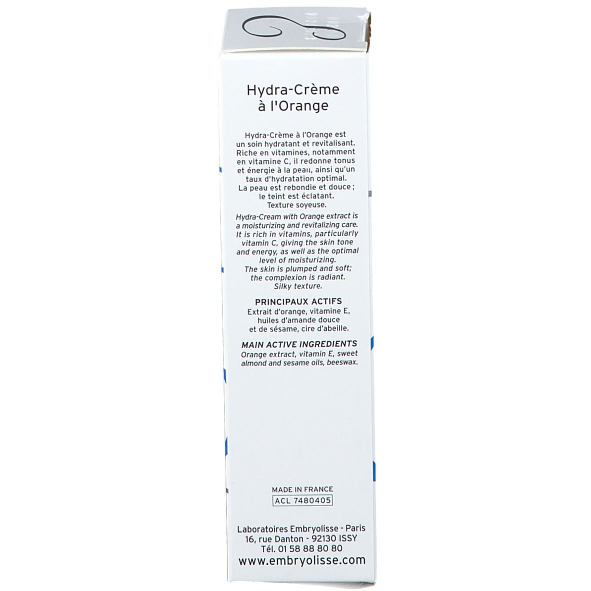 Produktverpackung. Enthält Text in englischer und französischer Sprache. Hauptbestandteile: Orangenextrakt, Vitamin E, Bienenwachs.