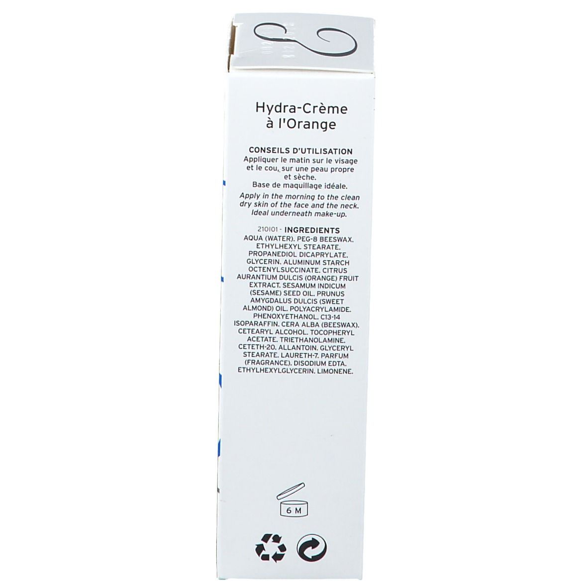 Produktverpackung. Enthält Text in französischer Sprache. Enthält Inhaltsstoffe und Anweisungen zur Anwendung.