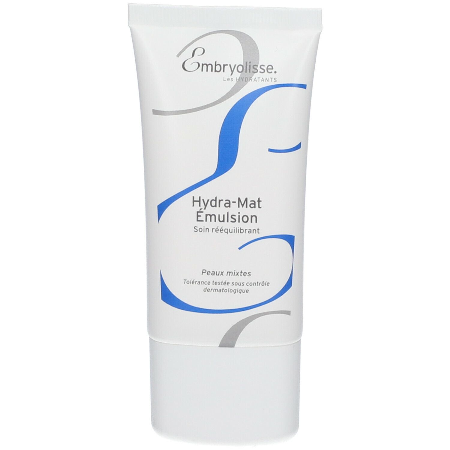 Tube blanche avec texte bleu et gris. Contient Hydra-Mat Emulsion d'Embryolisse. Pour peaux mixtes.