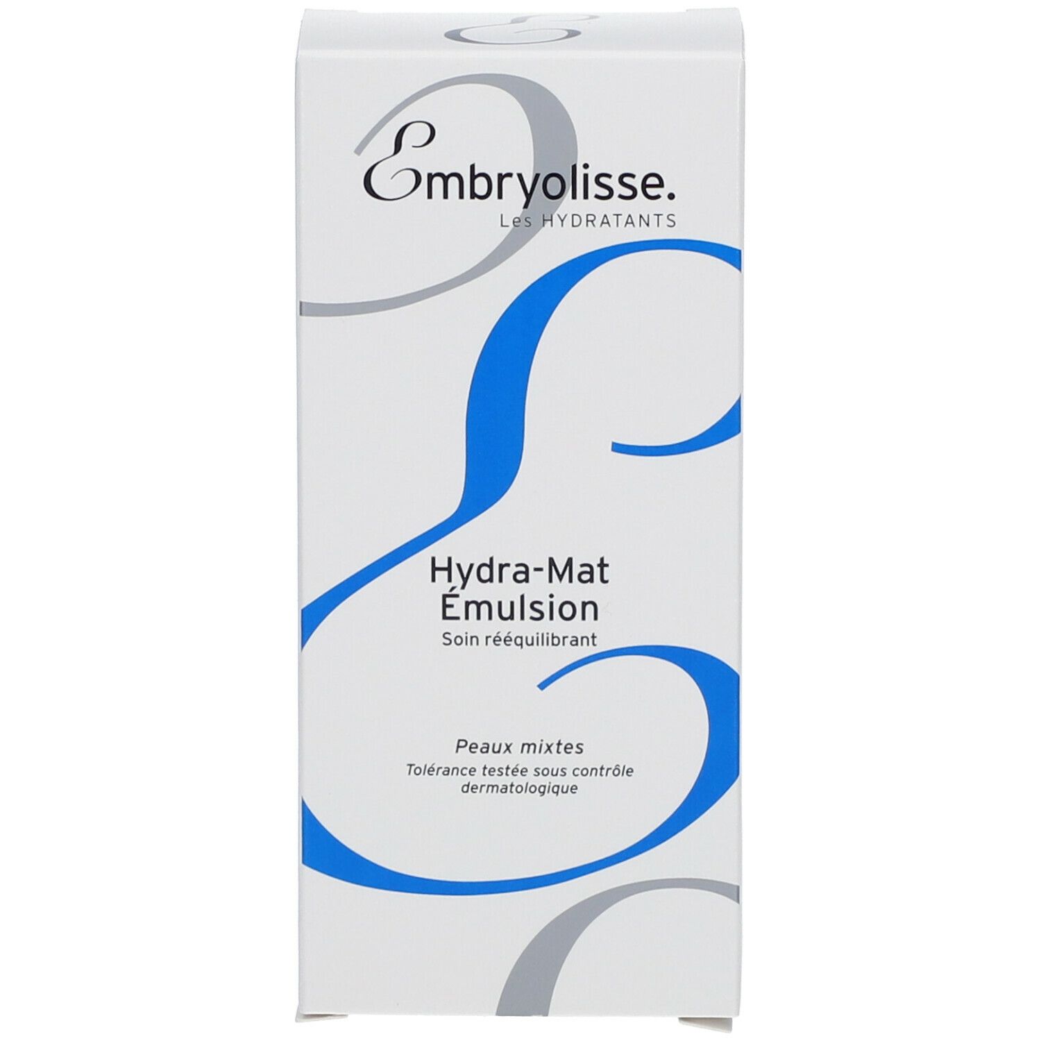 Emballage blanc avec texte bleu et gris. Contient Hydra-Mat Emulsion d'Embryolisse. Pour peaux mixtes.
