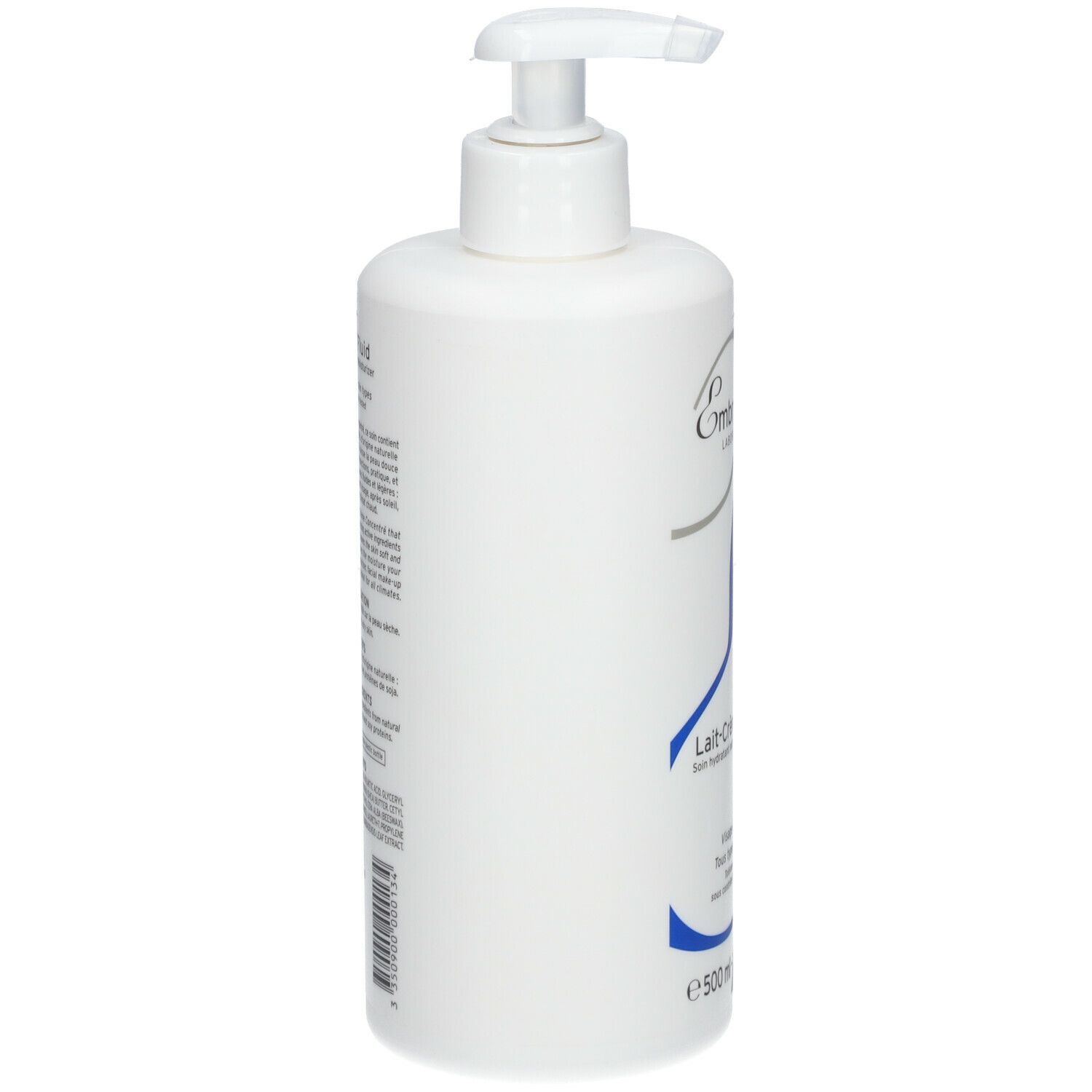 Flacon blanc avec pompe. Inscription: Embryolisse, Lait-Crème Fluide. Dos avec texte et code-barres.