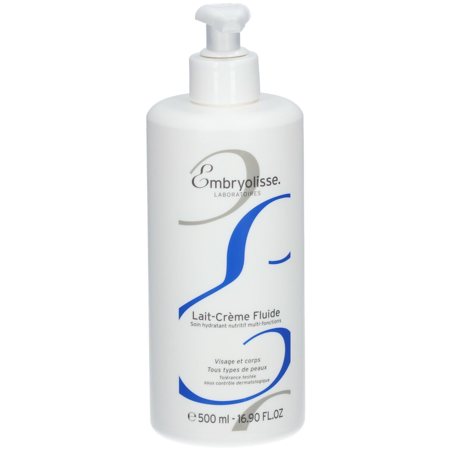 Flacon blanc avec pompe. Inscription: Embryolisse, Lait-Crème Fluide. Pour visage et corps. 500 ml.