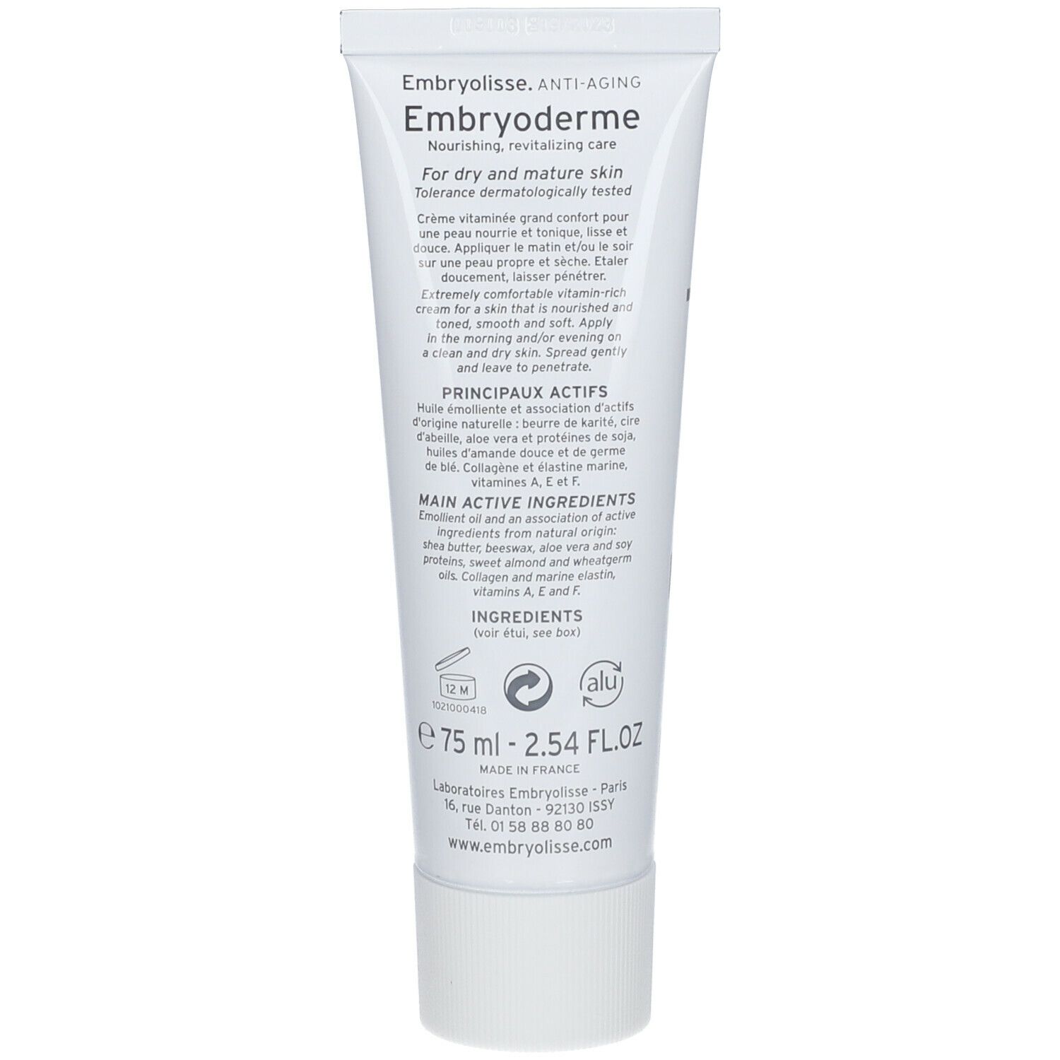 Dos du tube de crème. Contient des informations sur le produit, les ingrédients et l'adresse du fabricant.