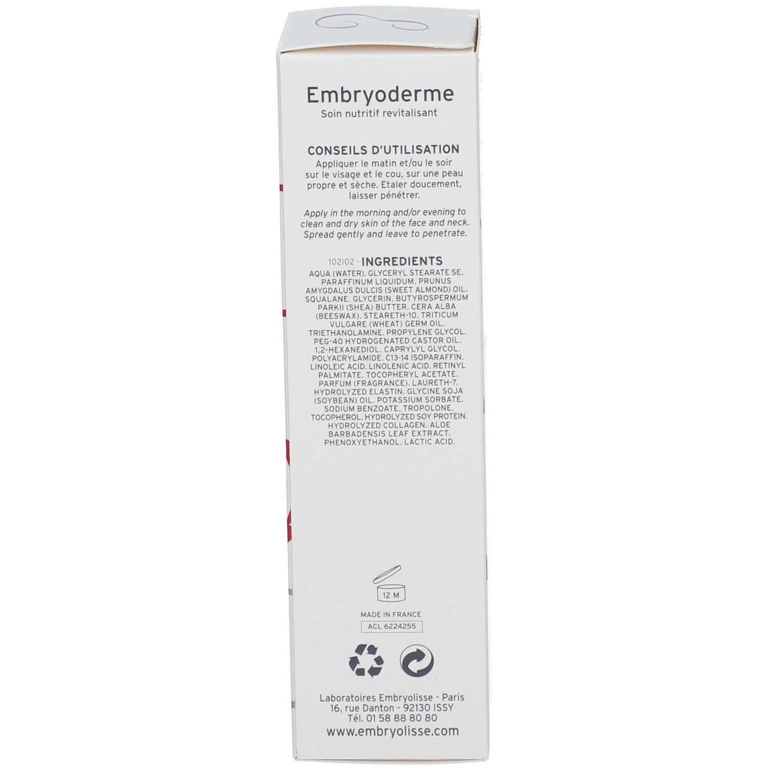 Emballage du produit avec instructions et ingrédients. Contient les informations du fabricant.