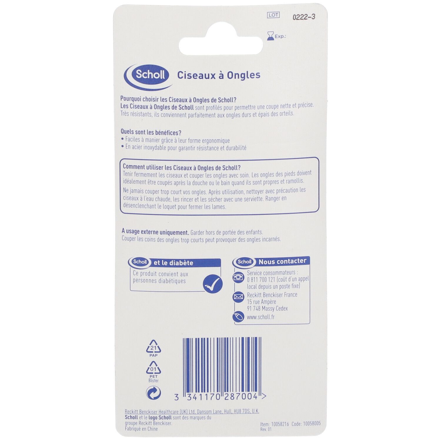 Rückseite der Scholl Nagelscheren-Verpackung. Text, Barcode, Logo und Kontaktinformationen.