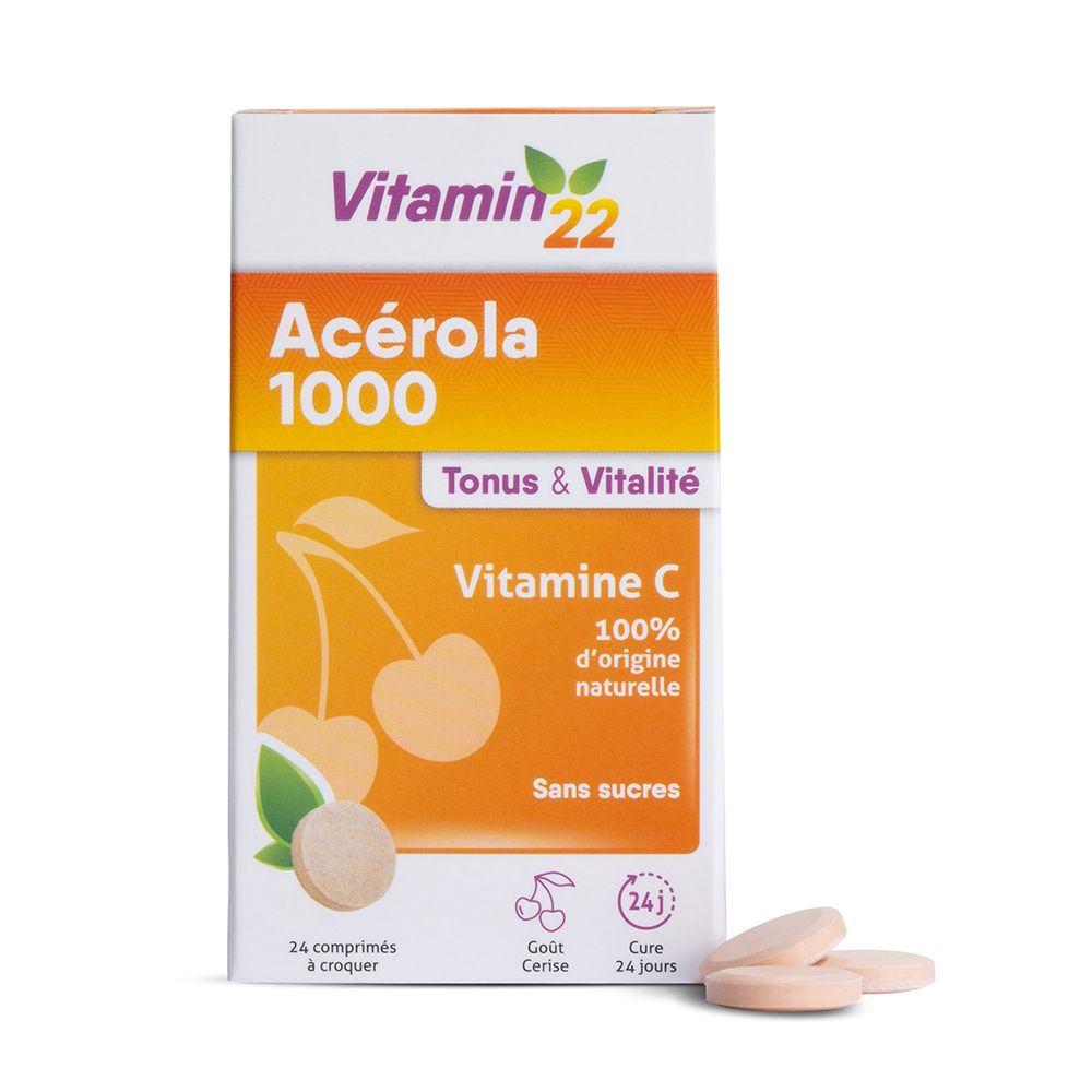 Boîte de Vitamine 22 Acérola 1000. Inscription : Tonus & Vitalité, Vitamine C, 24 comprimés. Goût cerise.