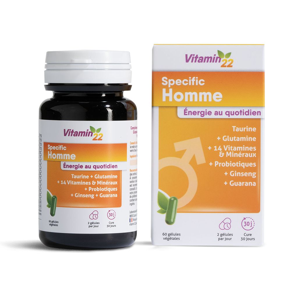 Vitamin22 Specific Homme, gélules et boîte. Contient taurine, glutamine, vitamines, minéraux, probiotiques, ginseng et guarana.