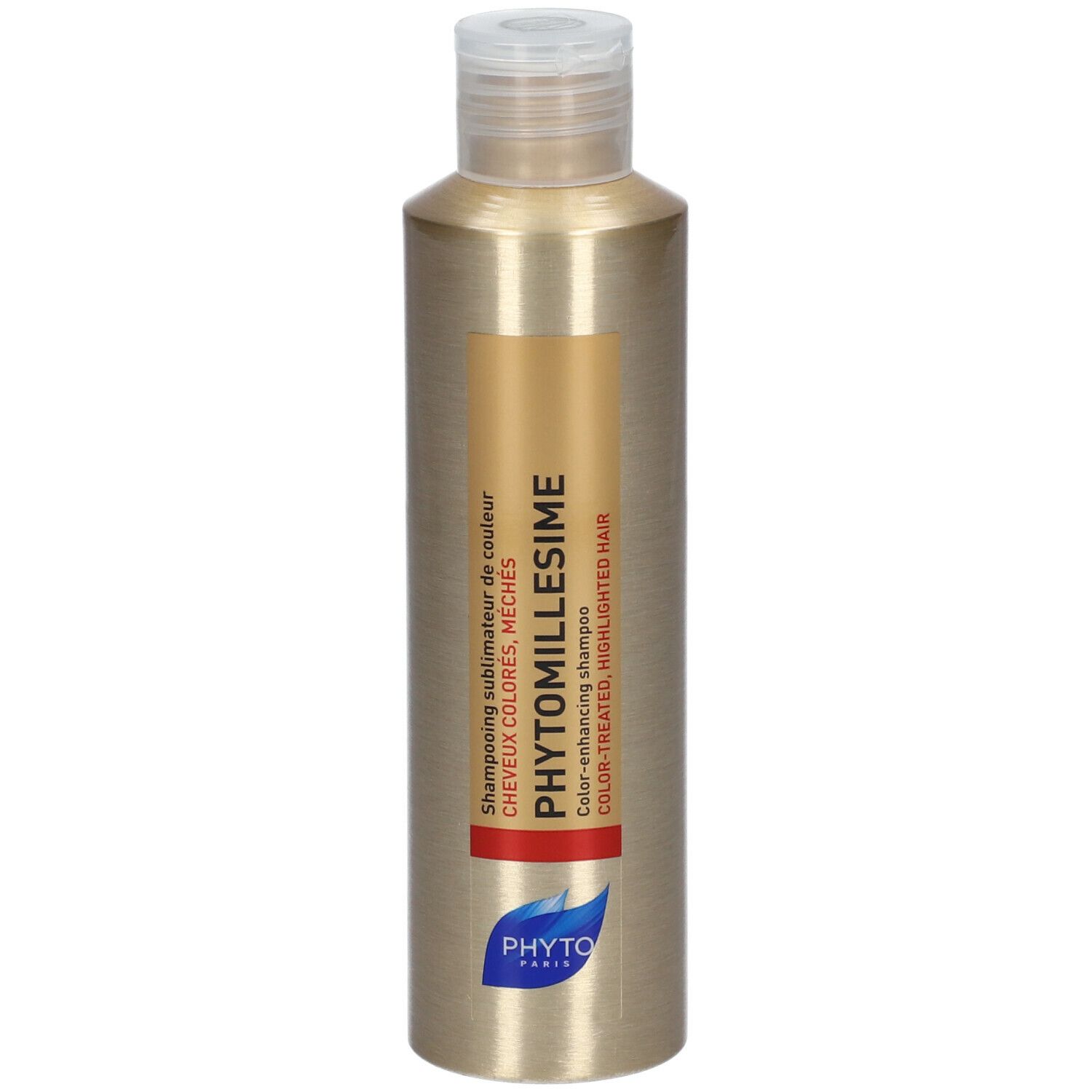 Flacon doré avec bouchon blanc. Inscription: PHYTO, PHYTOMILLESIME, Shampoing Sublimateur de Couleur.