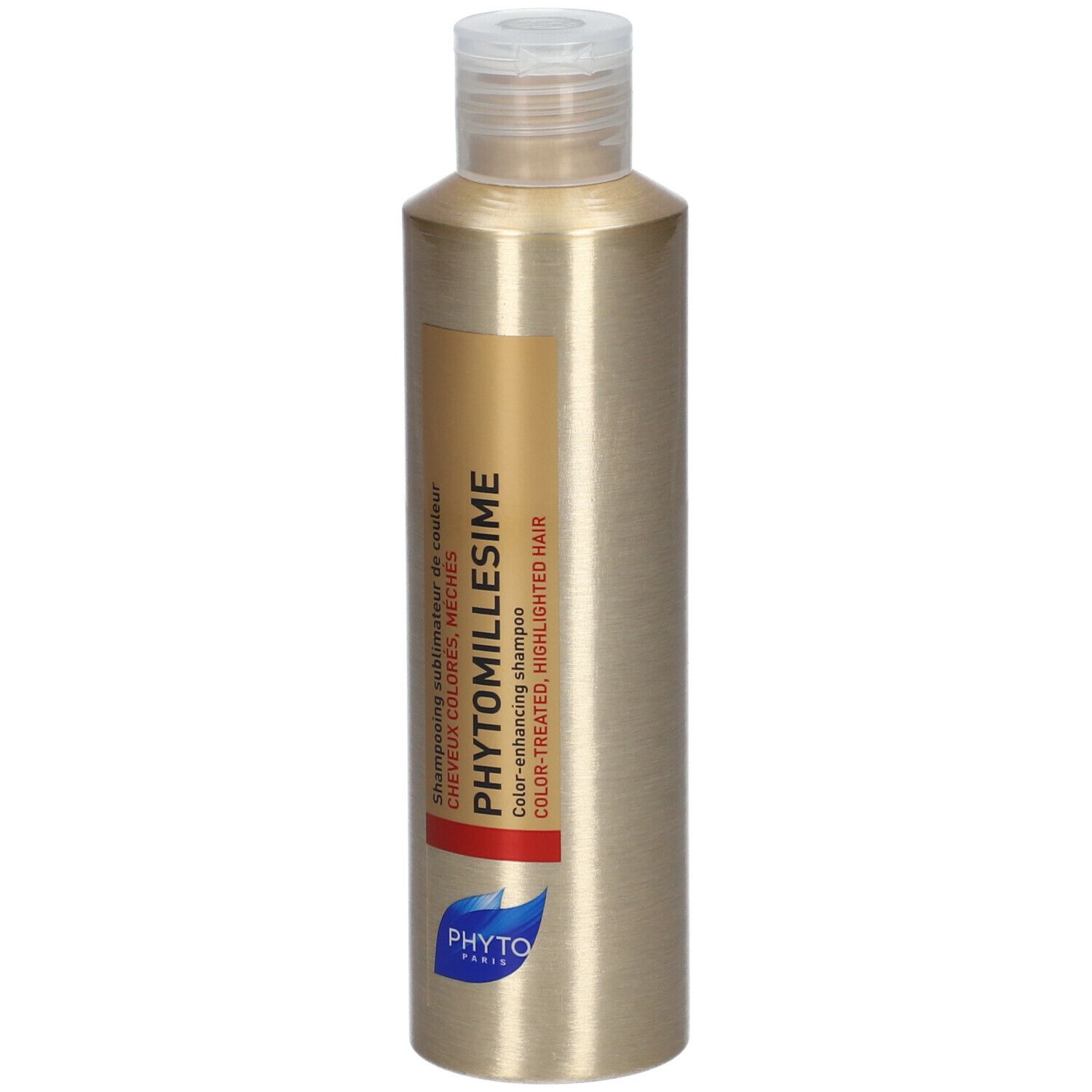 Flacon doré avec bouchon blanc. Inscription: PHYTO, PHYTOMILLESIME, Shampoing Sublimateur de Couleur.