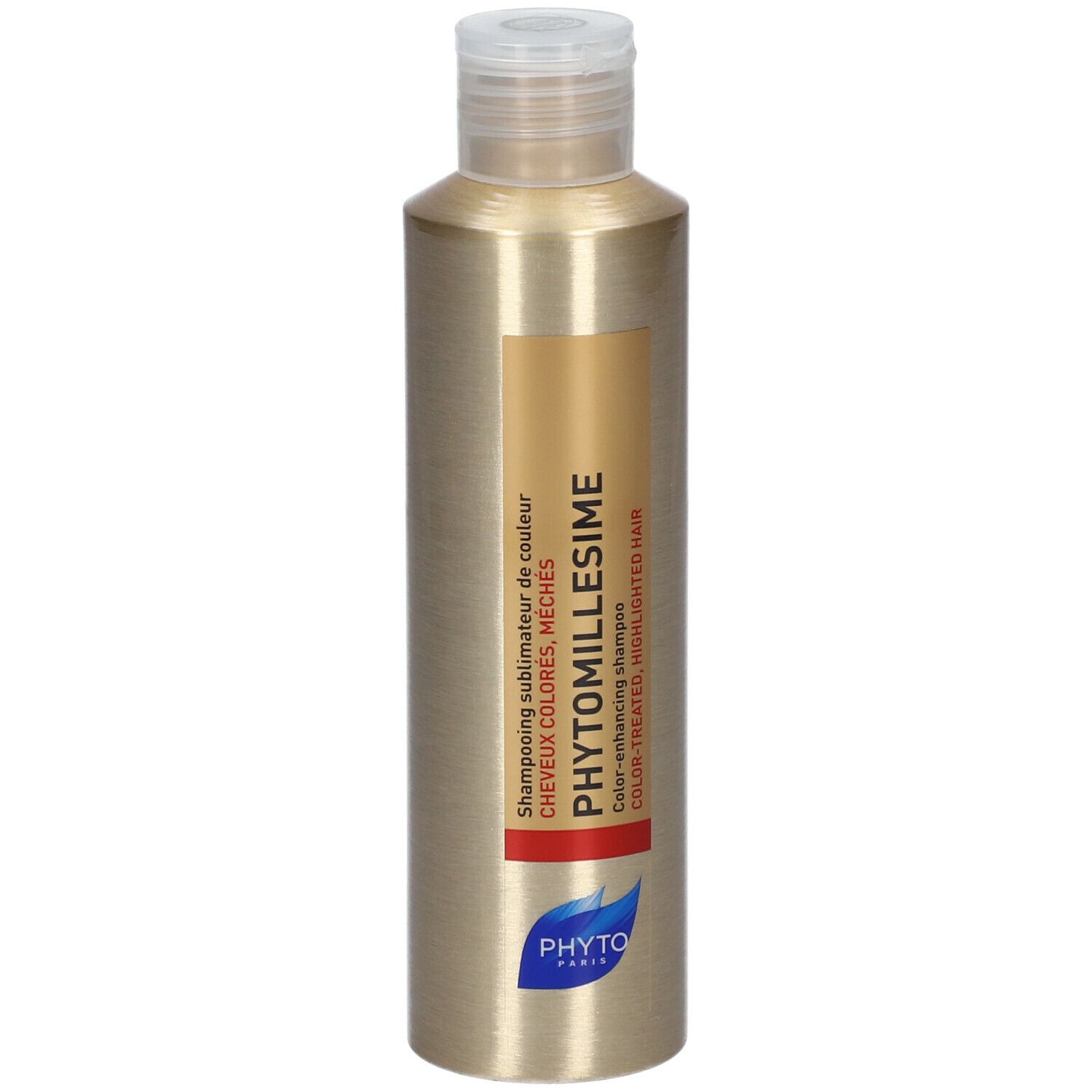 Flacon doré avec bouchon blanc. Inscription: PHYTO, PHYTOMILLESIME, Shampoing Sublimateur de Couleur.
