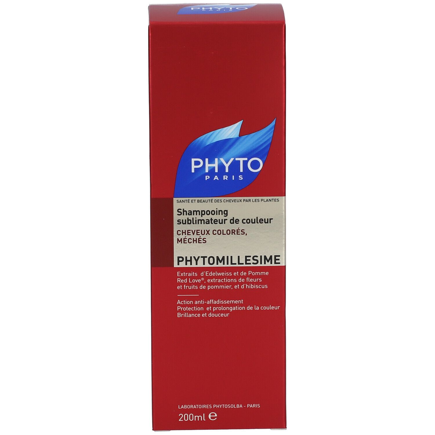 Boîte rouge avec inscription: PHYTO, PHYTOMILLESIME, Shampoing Sublimateur de Couleur.