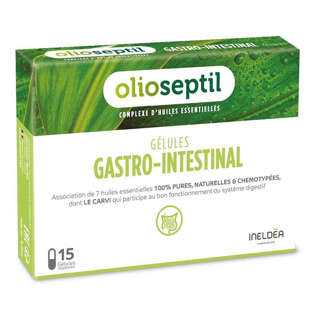 Boîte de gélules OLIOSEPTIL Gastro-Intestinal. Design vert et blanc, nom et logo du produit visibles.