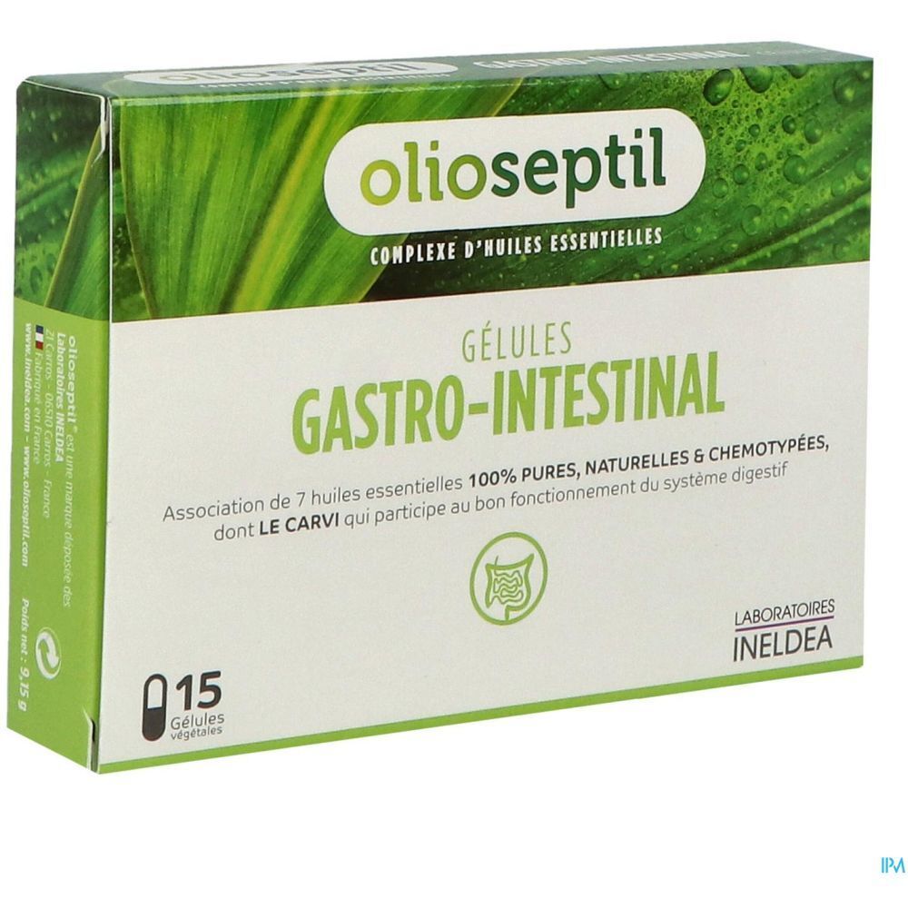 Boîte de gélules OLIOSEPTIL Gastro-Intestinal. Vue latérale, nom et logo du produit visibles.