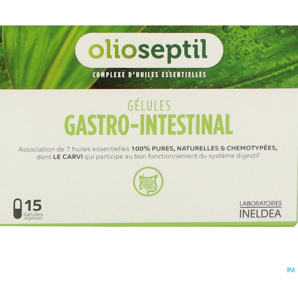 Gros plan sur l'emballage des gélules OLIOSEPTIL Gastro-Intestinal. Nom et logo visibles.