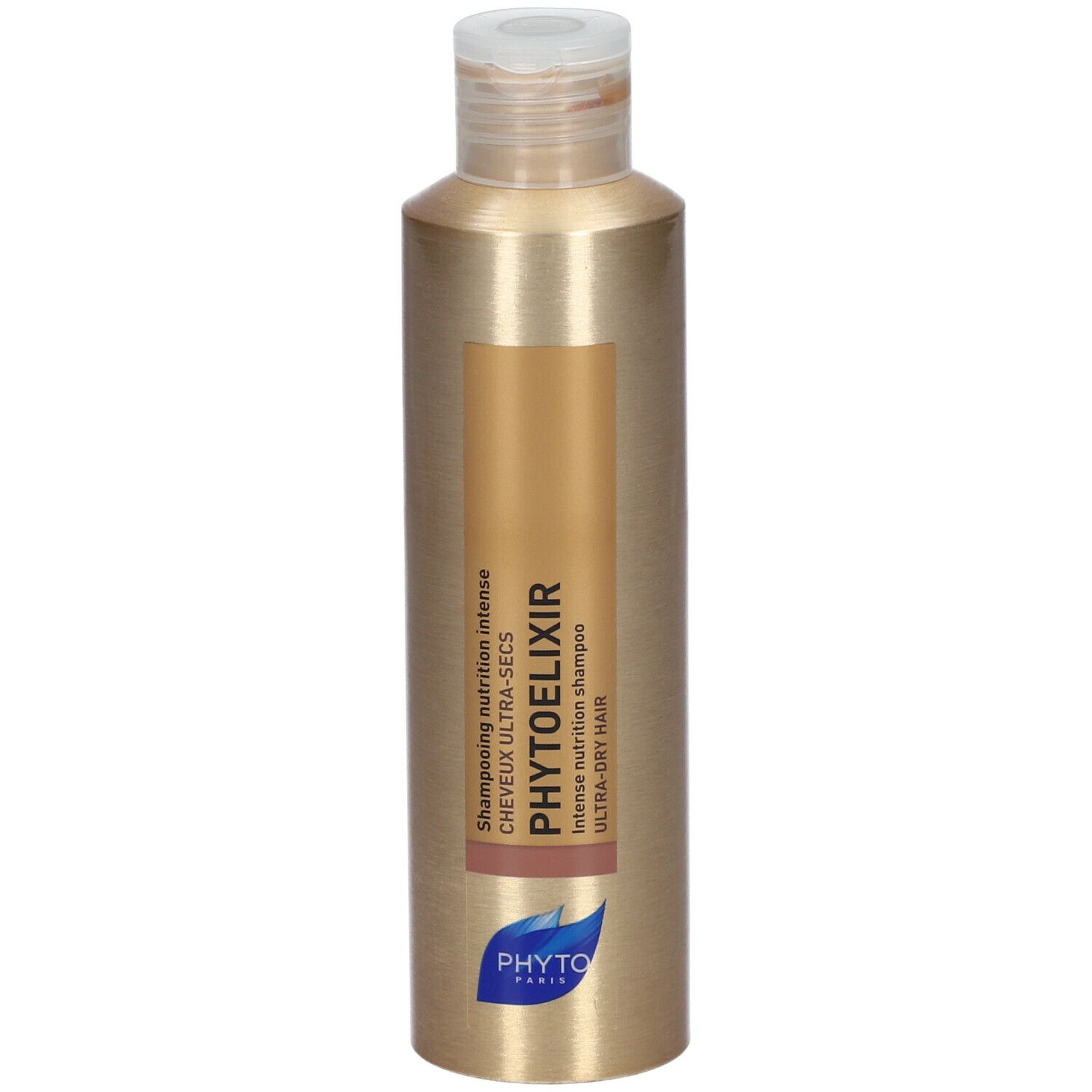 Flacon de shampooing doré avec étiquette marron. Inscription: PHYTOELIXIR, Shampooing nutrition intense, ultra-dry hair.