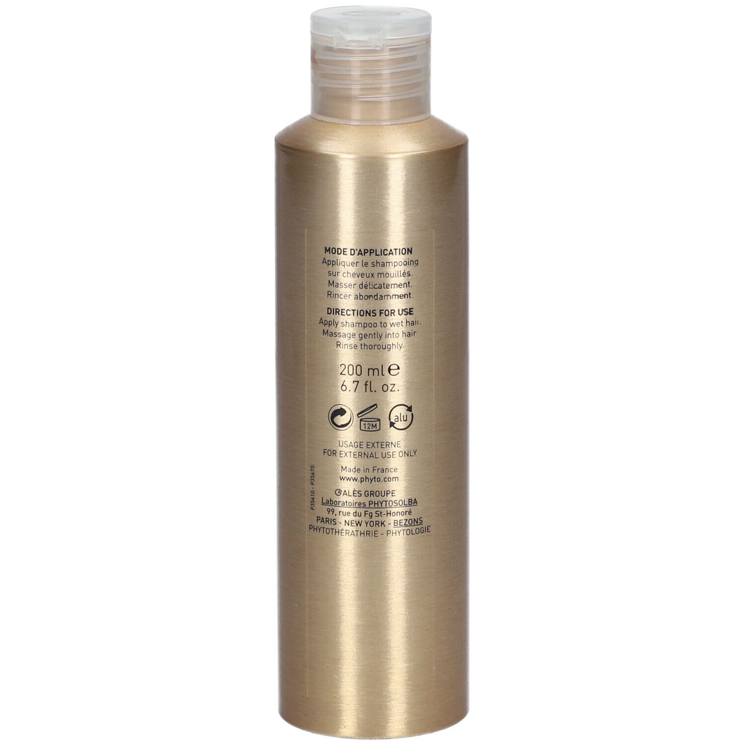 Dos d'un flacon de shampooing doré. Texte: Mode d'application, Directions for use, 200 ml, 6.7 fl. oz.