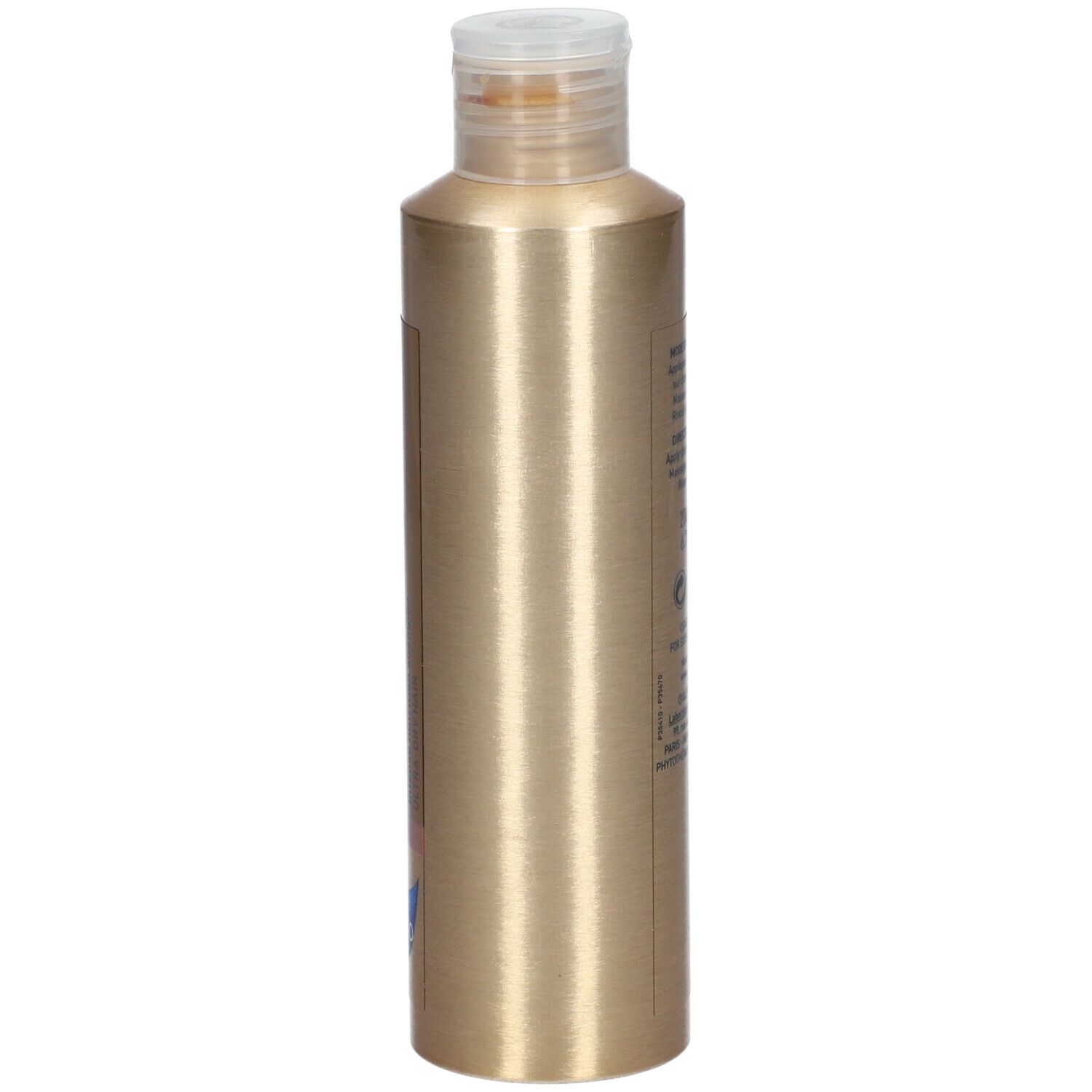 Flacon de shampooing doré, vue latérale. Inscription: PHYTOELIXIR, Shampooing nutrition intense, ultra-dry hair.