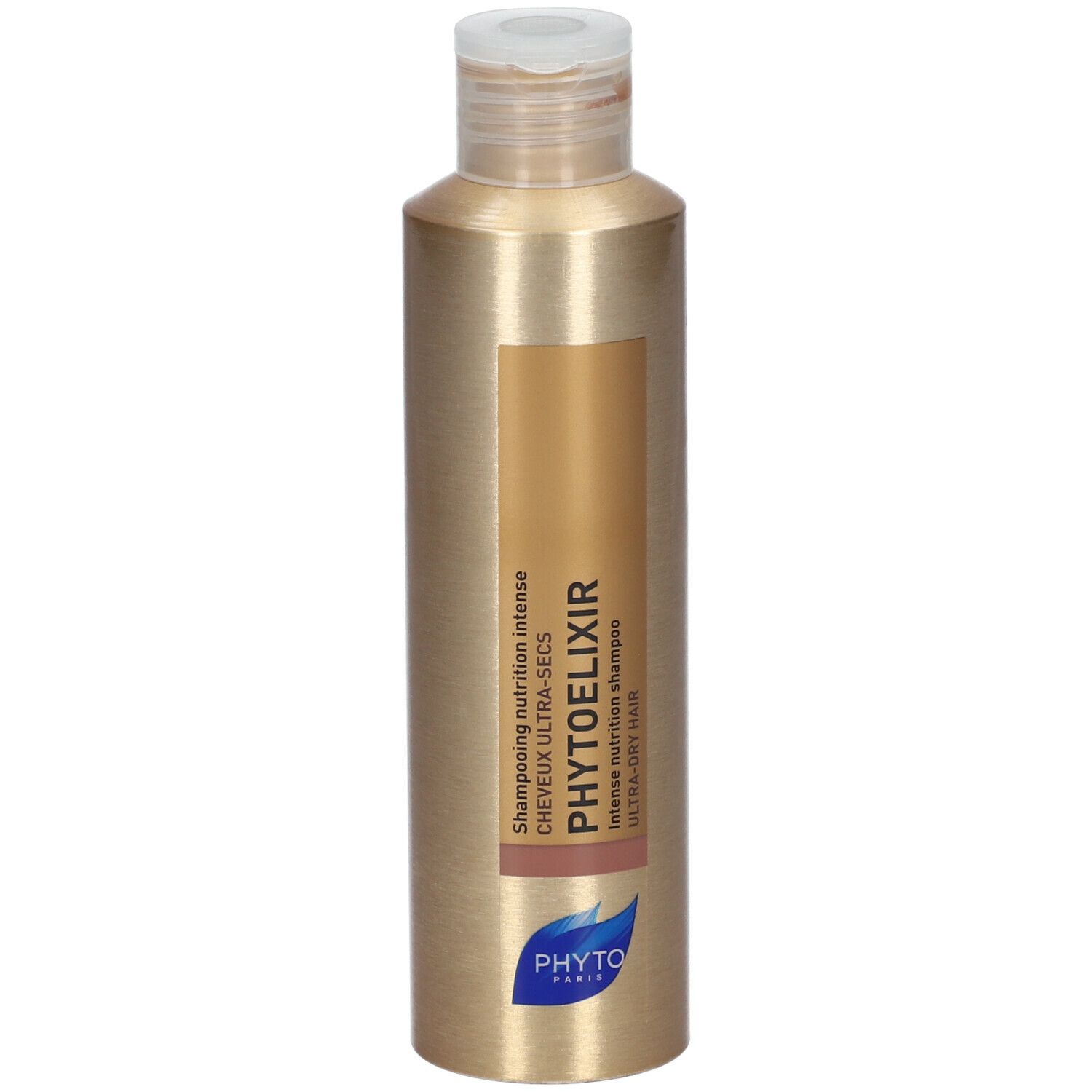Flacon de shampooing doré avec étiquette marron. Inscription: PHYTOELIXIR, Shampooing nutrition intense, ultra-dry hair.