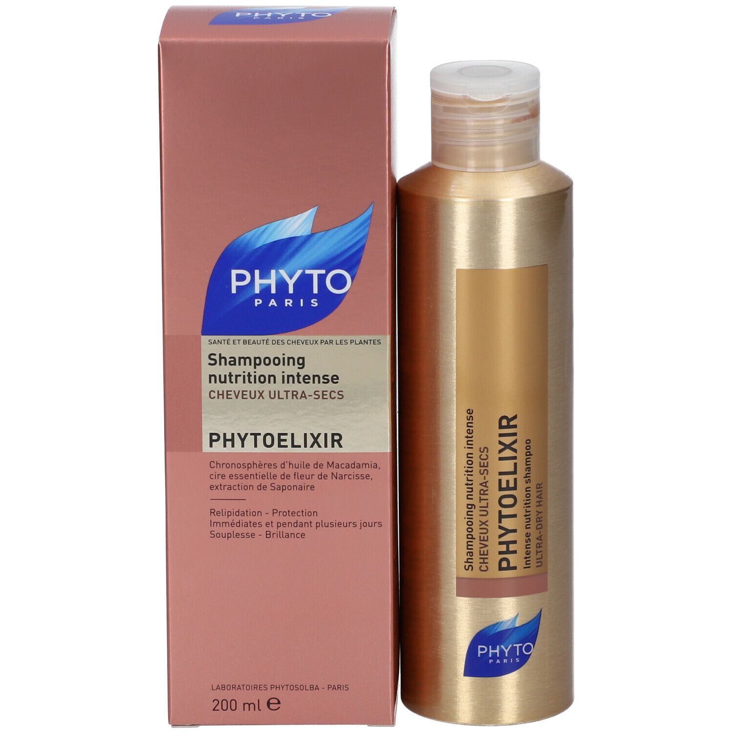 Flacon de shampooing et boîte. Inscription: PHYTO PARIS, Shampooing nutrition intense, PHYTOELIXIR, 200 ml.