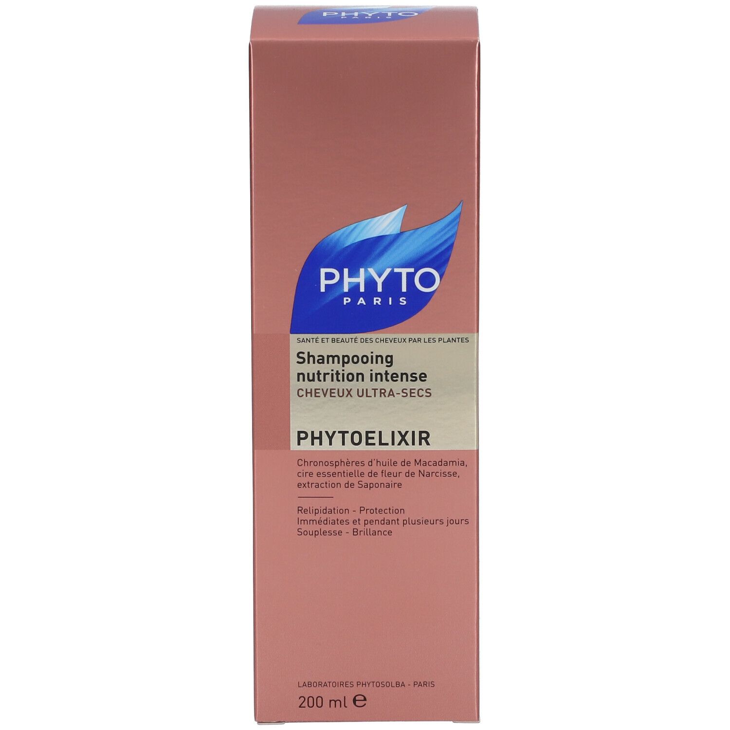 Boîte avec inscription: PHYTO PARIS, Shampooing nutrition intense, PHYTOELIXIR, 200 ml.
