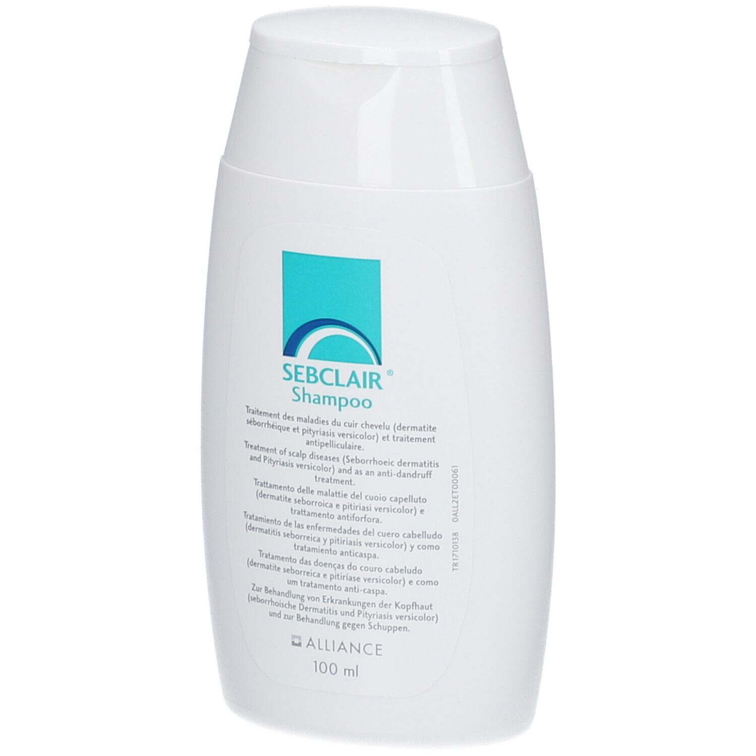 Flacon de shampooing blanc avec étiquette bleue. Inscription : SEBCLAIR Shampoo. Texte multilingue.