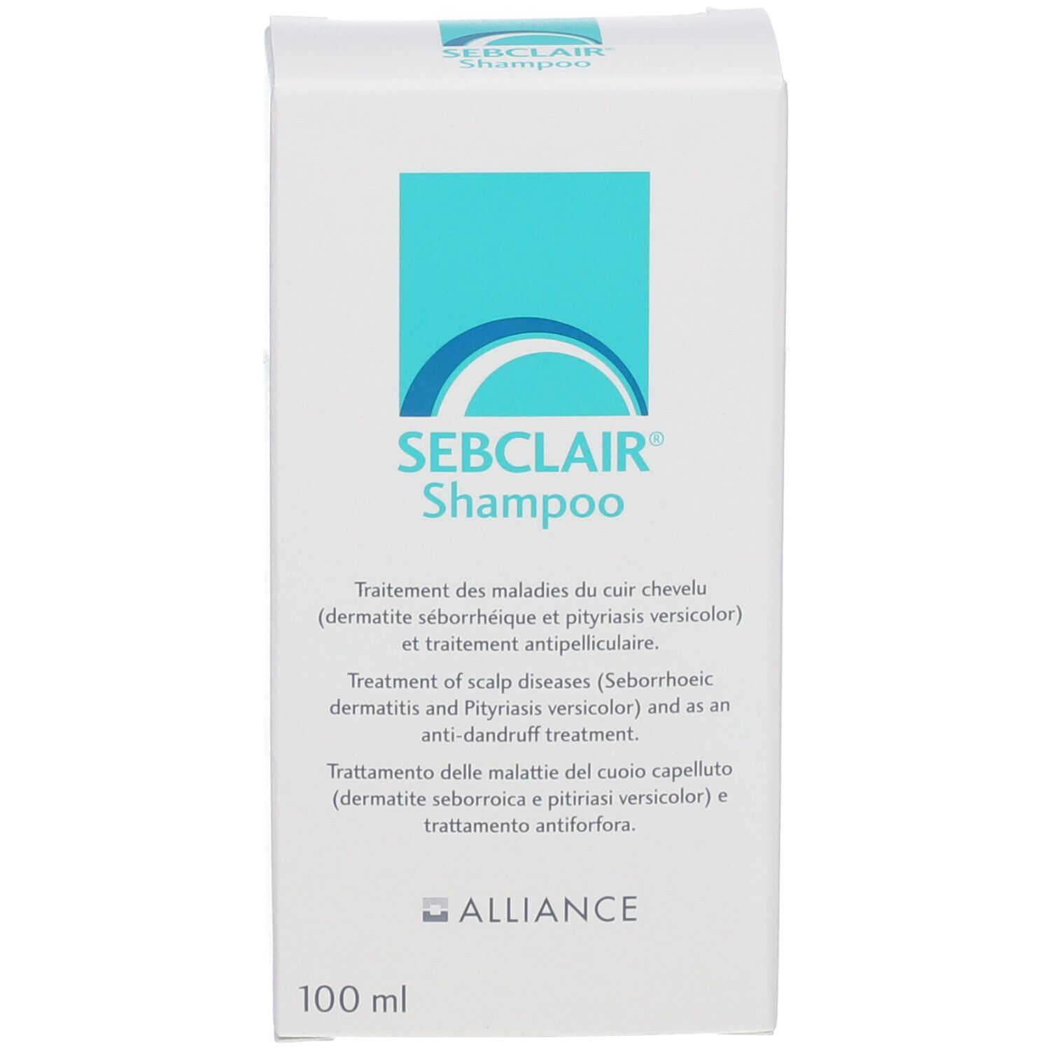 Boîte avec inscription : SEBCLAIR Shampoo. Texte multilingue. 100 ml.