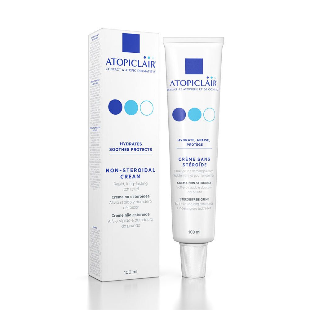 Crème et emballage. Inscription : ATOPICLAIR®, crème sans stéroïde. Hydrate, apaise, protège. 100 ml.