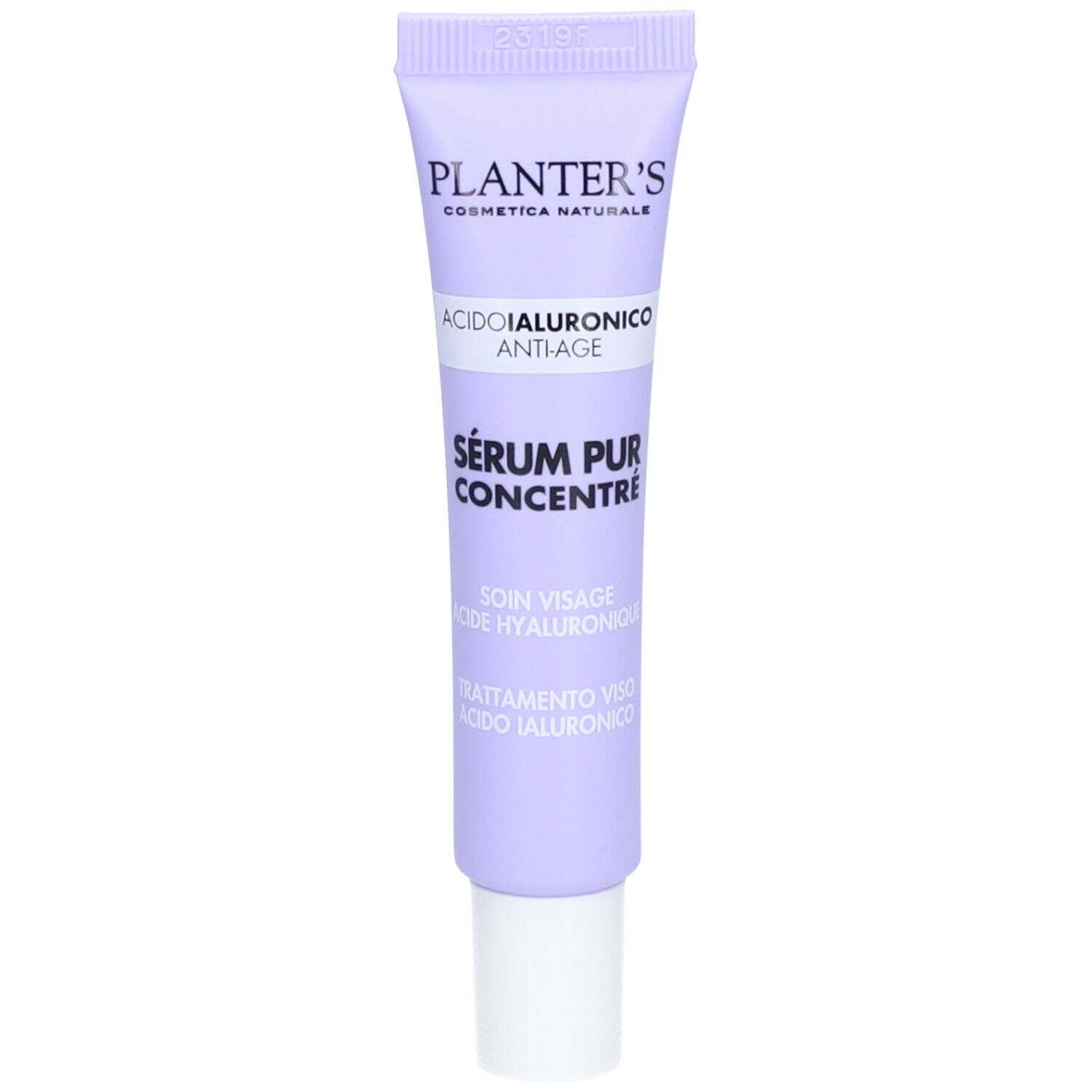 Tube violet avec bouchon blanc. Inscriptions: Planter's, Acide Hyaluronique Anti-Âge, Sérum Pur Concentré, Soin Visage.