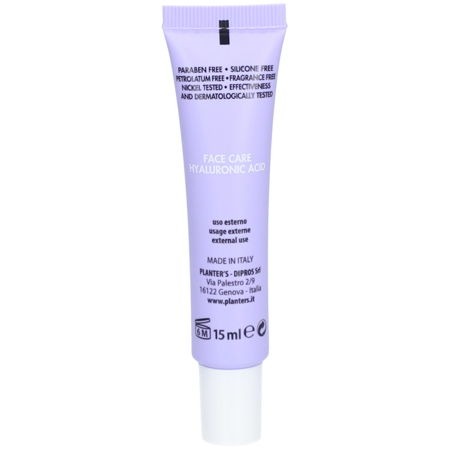 Tube violet avec bouchon blanc. Inscription: Face Care Hyaluronic Acid. Contient 15 ml. Fabriqué en Italie.