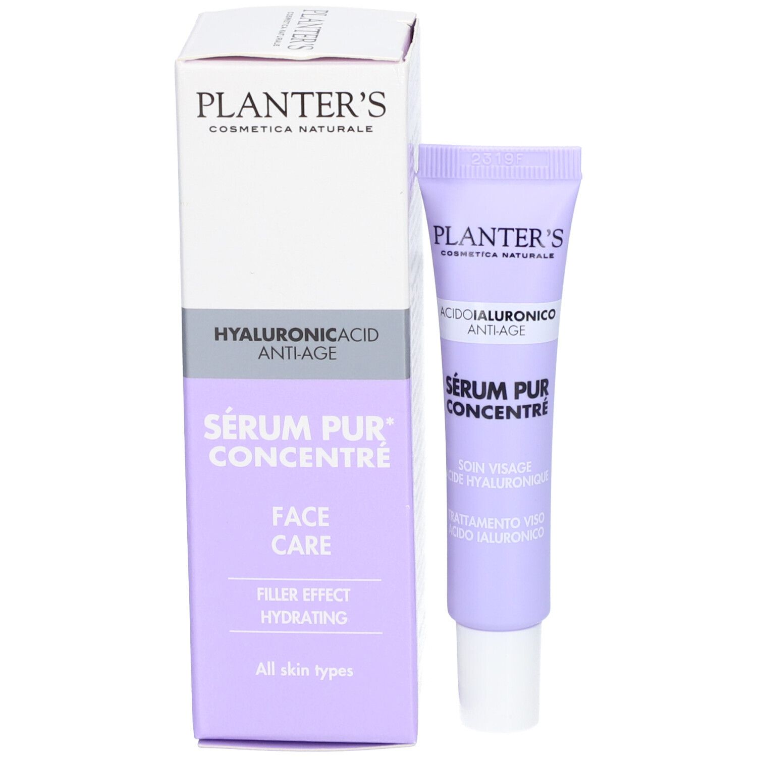 Emballage produit avec tube. Inscriptions: Planter's, Hyaluronic Acid Anti-Age, Sérum Pur Concentré, Face Care.