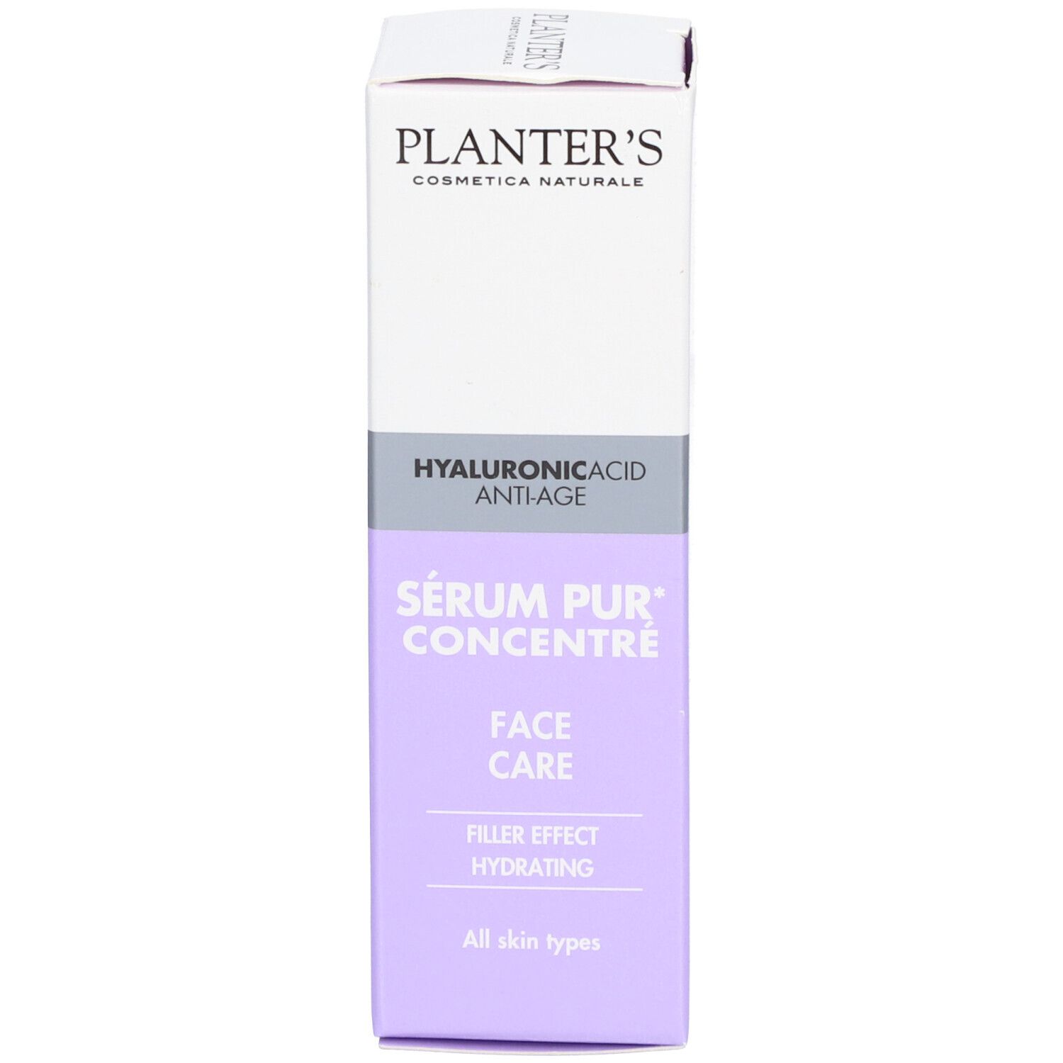 Emballage produit. Inscriptions: Planter's, Hyaluronic Acid Anti-Âge, Sérum Pur Concentré, Face Care, Filler Effect Hydrating.