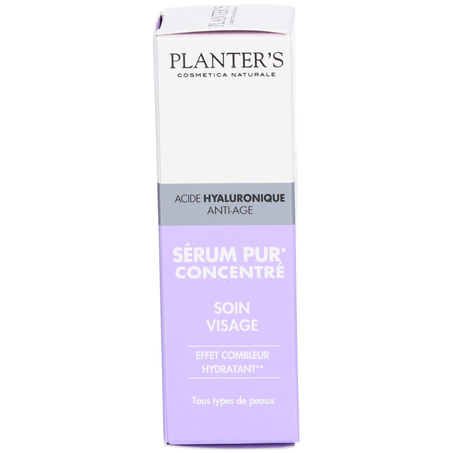 Emballage produit. Inscriptions: Planter's, Acide Hyaluronique Anti-Âge, Sérum Pur Concentré, Soin Visage, Effet Combleur Hydratant.