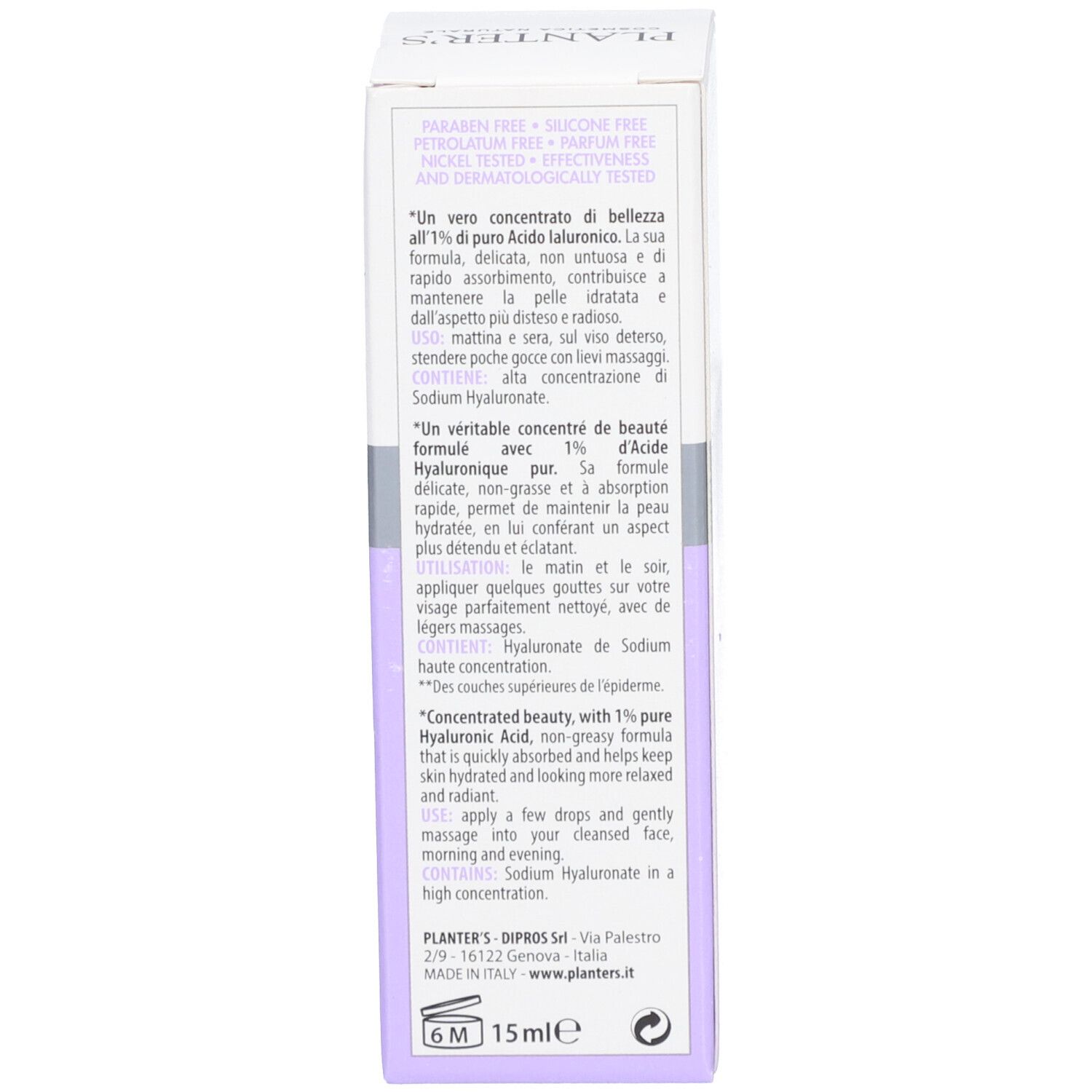 Emballage produit. Verso avec texte. Contient 15 ml. Fabriqué en Italie. Marque Planter's.