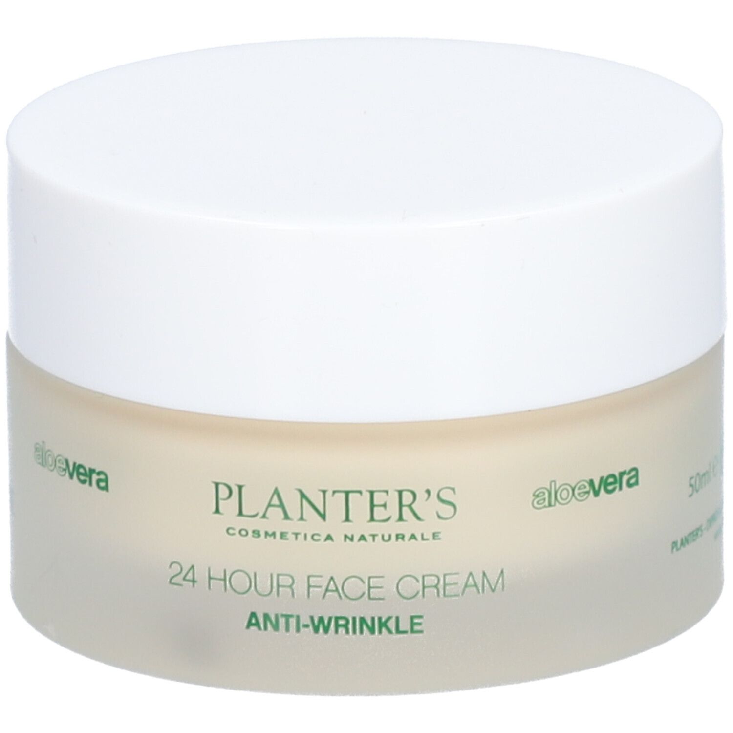 Pot de crème avec couvercle. Inscription : PLANTER'S, 24 HOUR FACE CREAM, ANTI-WRINKLE. Logo aloe vera.