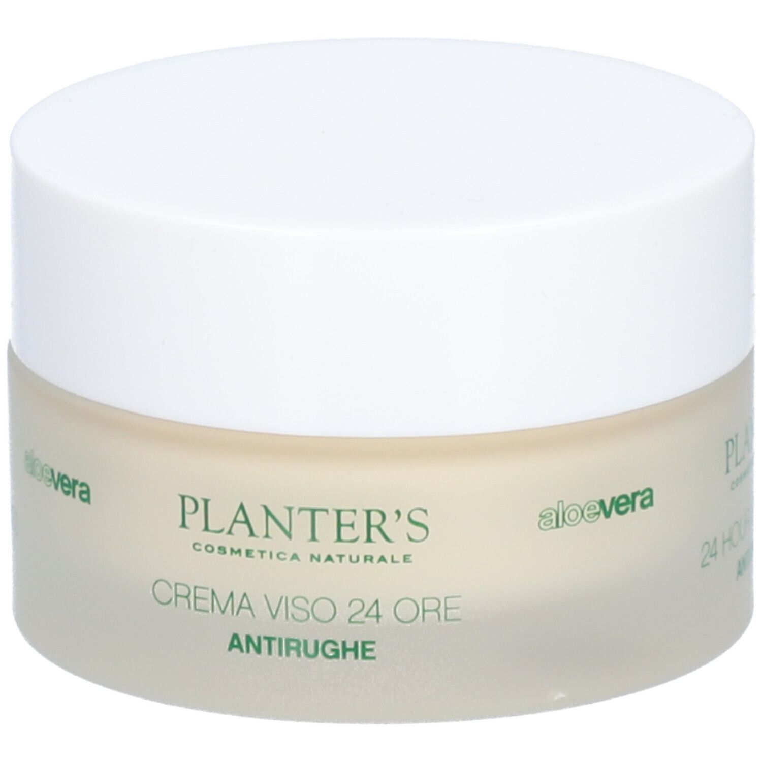 Pot de crème avec couvercle. Inscription : PLANTER'S, CREMA VISO 24 ORE, ANTIRUGHE. Logo aloe vera.
