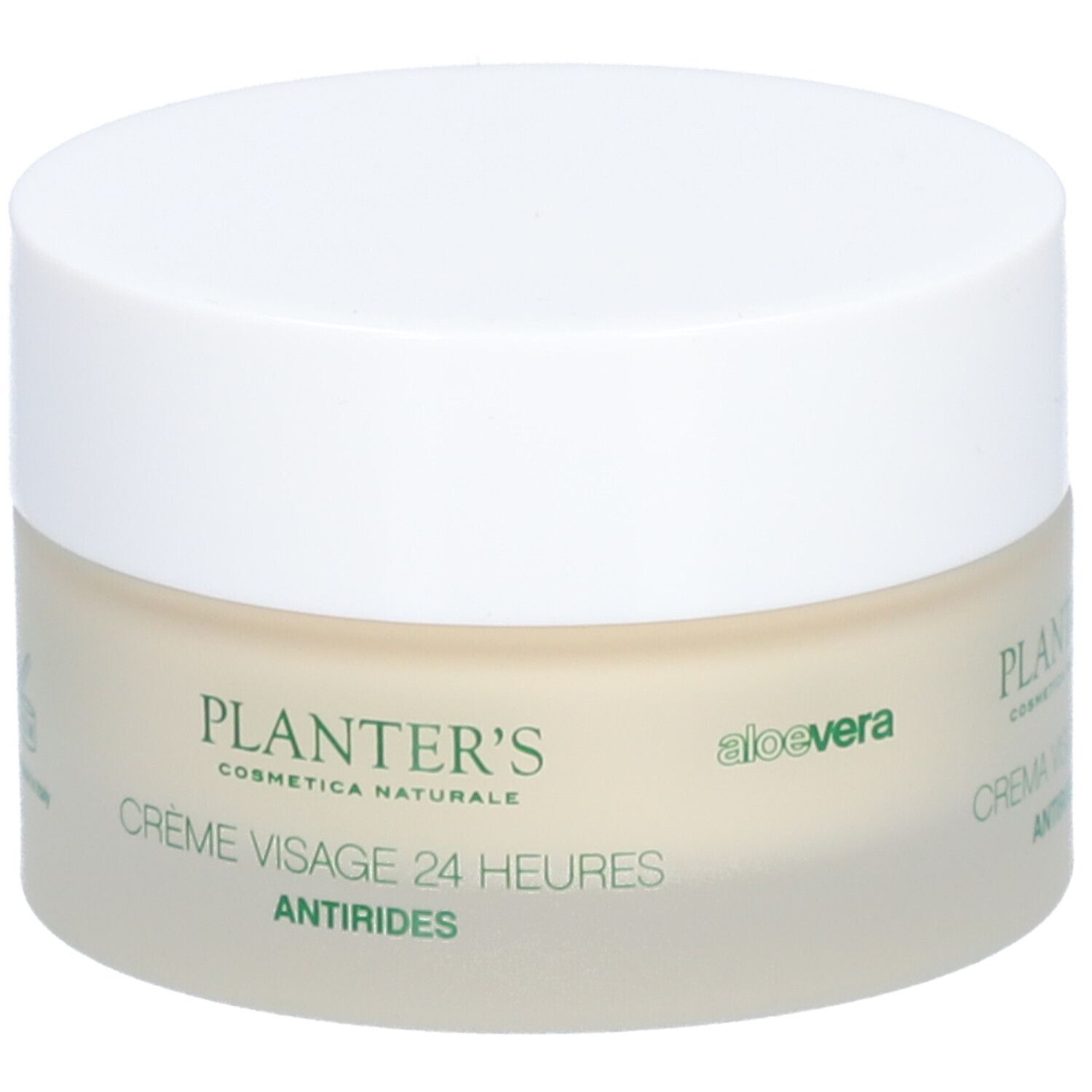 Pot de crème avec couvercle. Inscription : PLANTER'S, CRÈME VISAGE 24 HEURES, ANTIRIDES. Logo aloe vera.